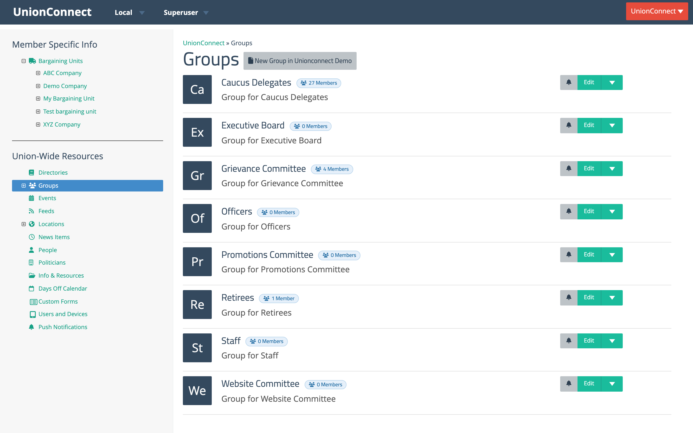Groups page listing union-wide groups with the New Group button at the top