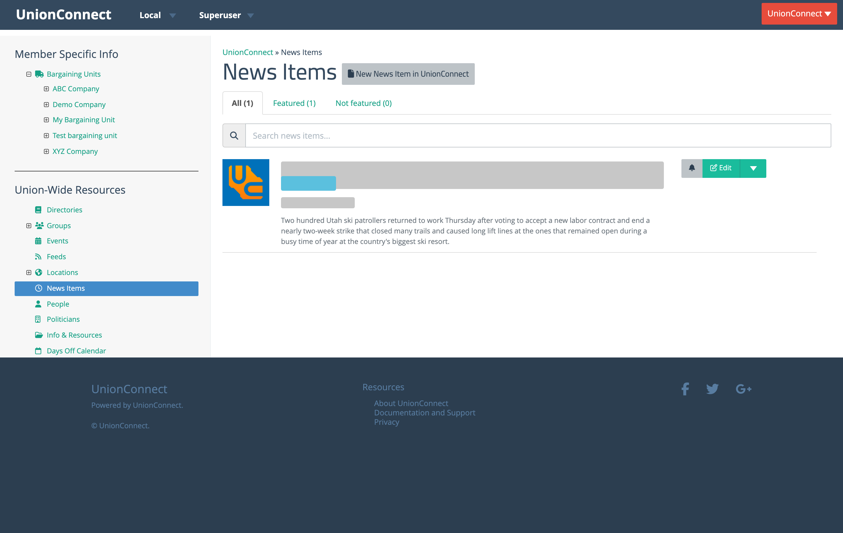 News Items page with All, Featured, and Not featured tabs, search box, and one story