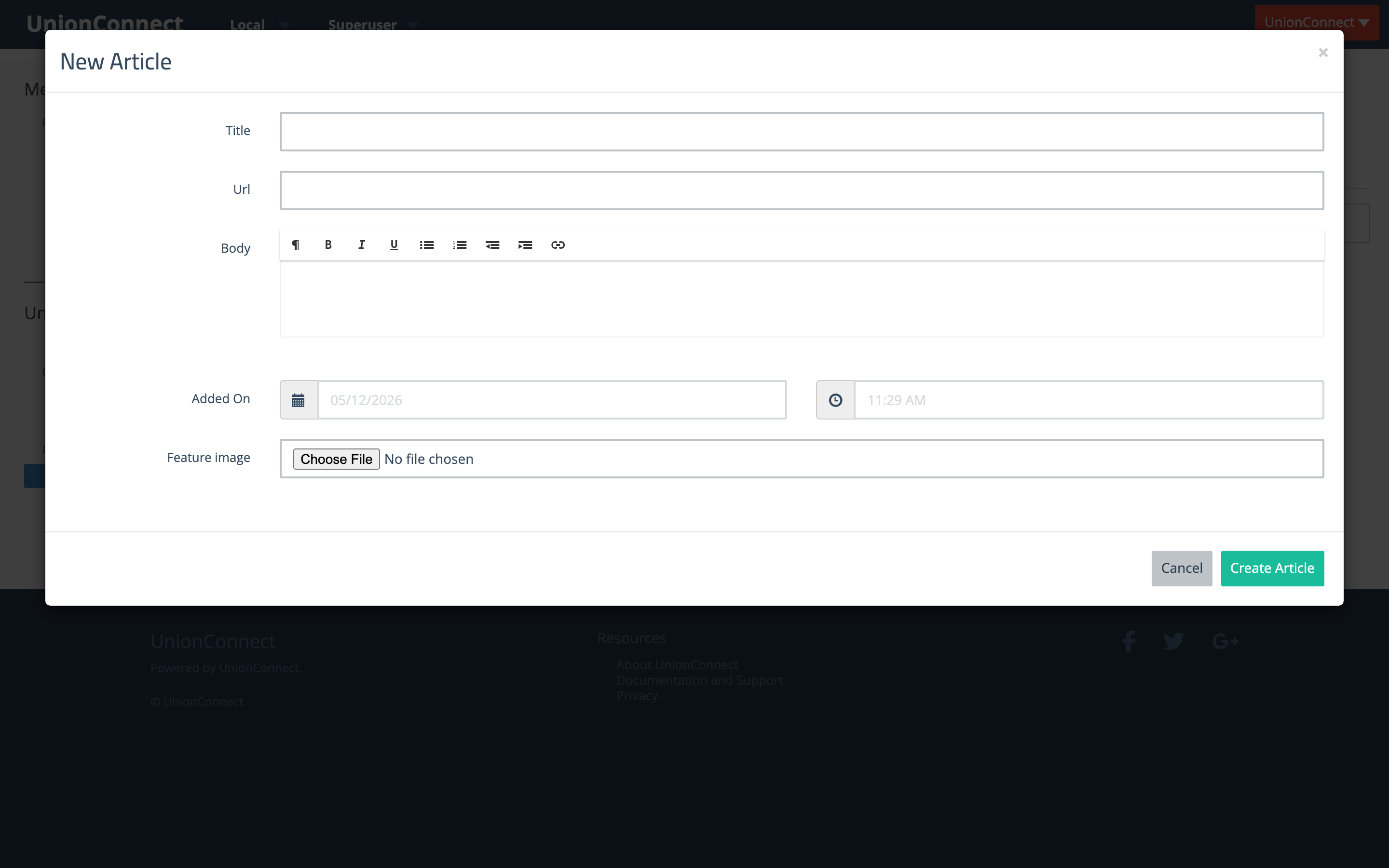 New Article modal with Title, URL, Body, Added On, and Feature image fields