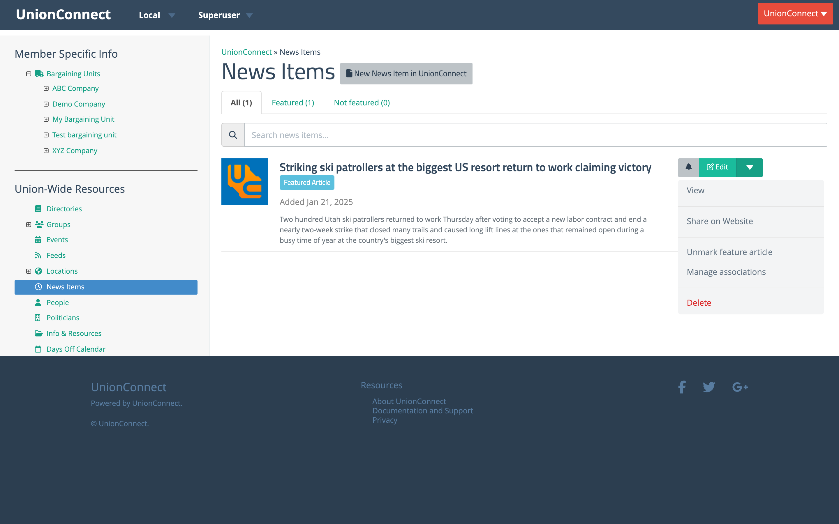Story row dropdown showing View, Share on Website, Mark/Unmark feature article, Manage associations, and Delete