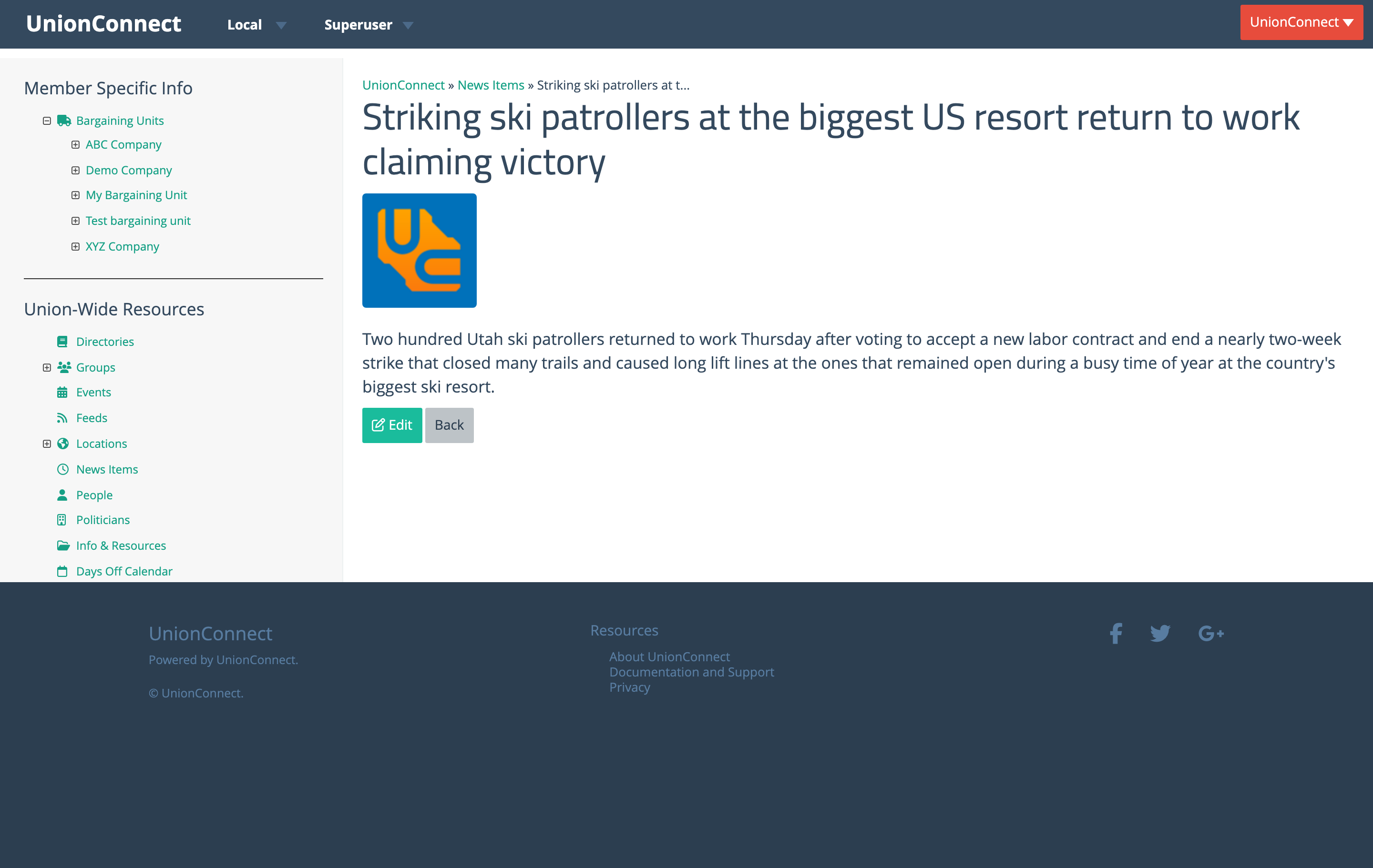 Article view page with headline, feature image, body text, and Edit and Back buttons
