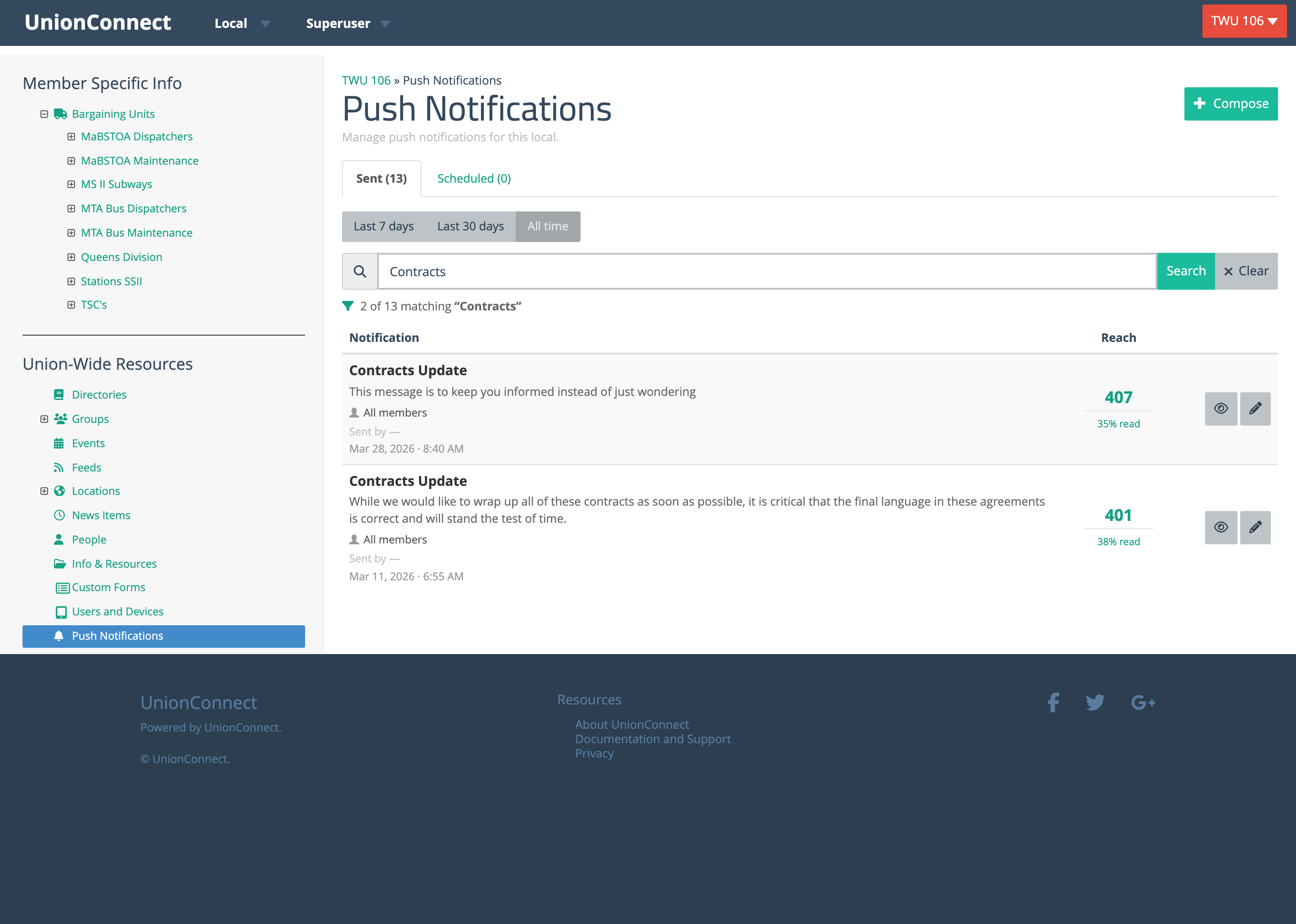 Push Notifications Hub showing two notifications, with the recipient count and percent-read both rendered as clickable links