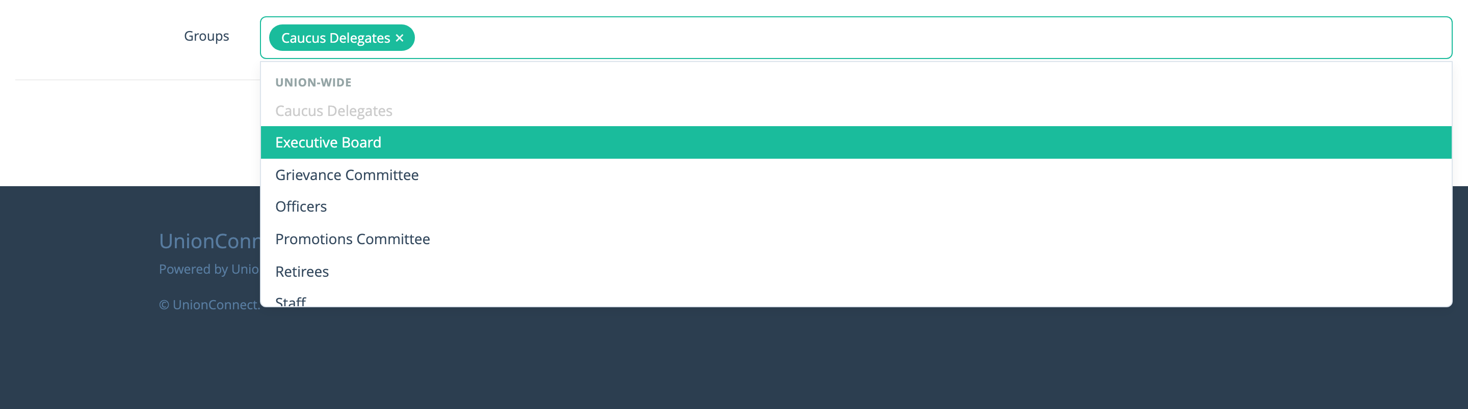 The Groups picker on the user edit form with the dropdown open showing union-wide groups