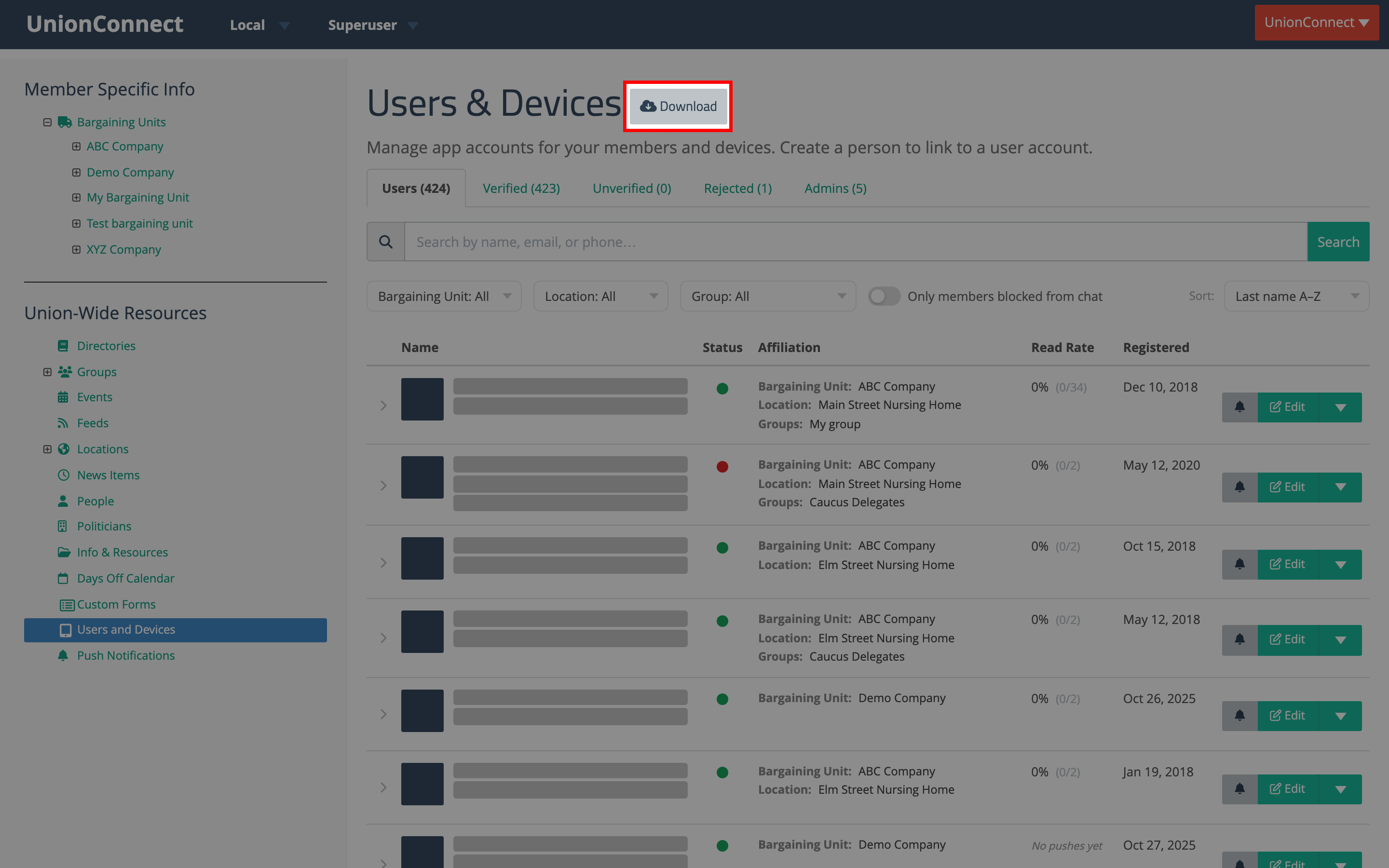 Users and Devices page with the Download button highlighted next to the page title