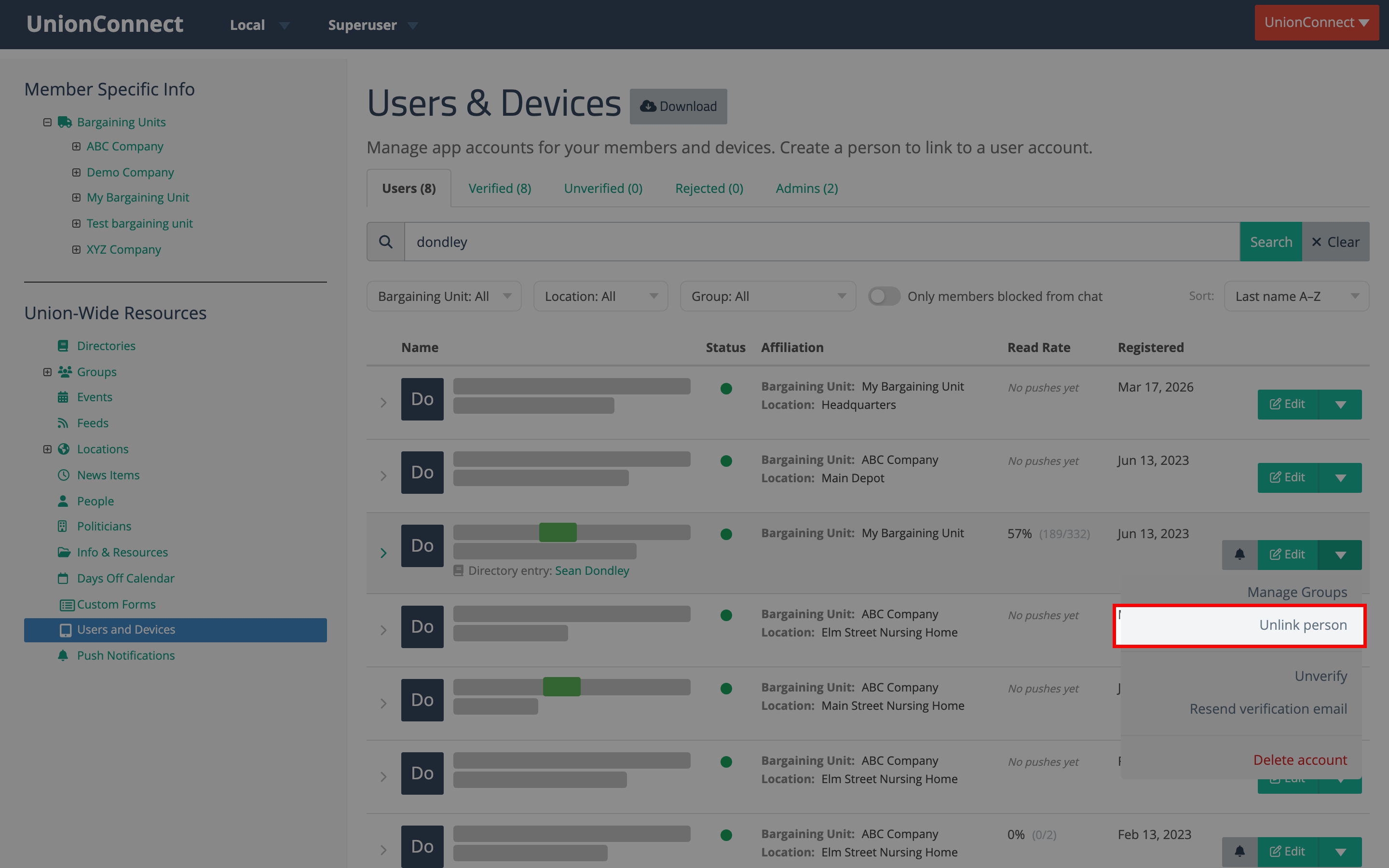 The user row's action menu with Unlink person highlighted
