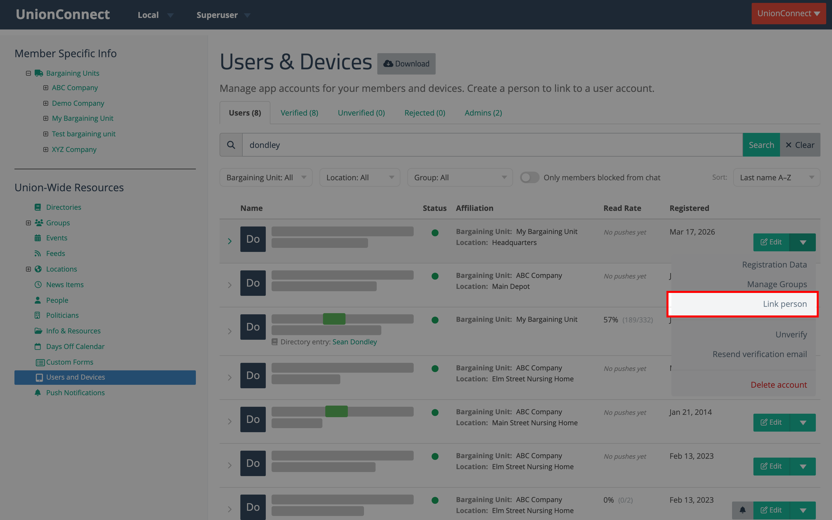 The user row's action menu with Link person highlighted