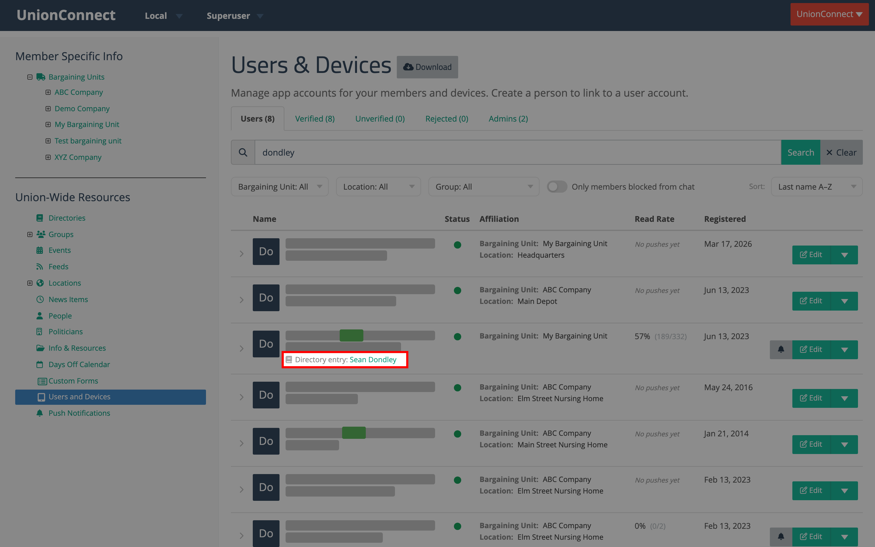 A user row showing the Directory entry link to the linked person highlighted with a red box