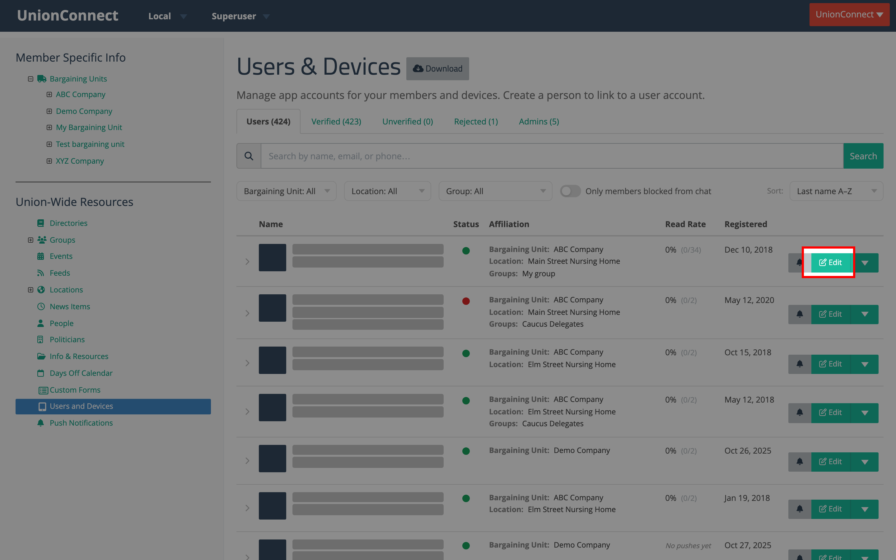 Users and Devices listing with the Edit button highlighted on a member's row