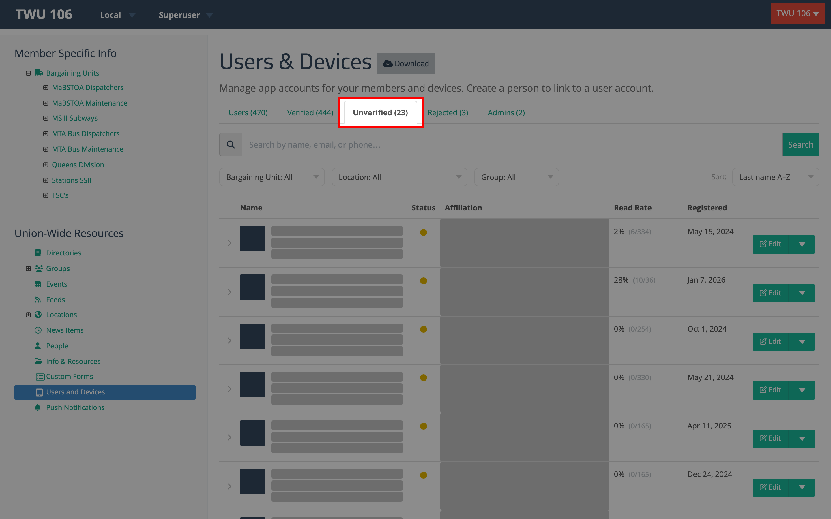 Users and Devices page with the Unverified tab highlighted