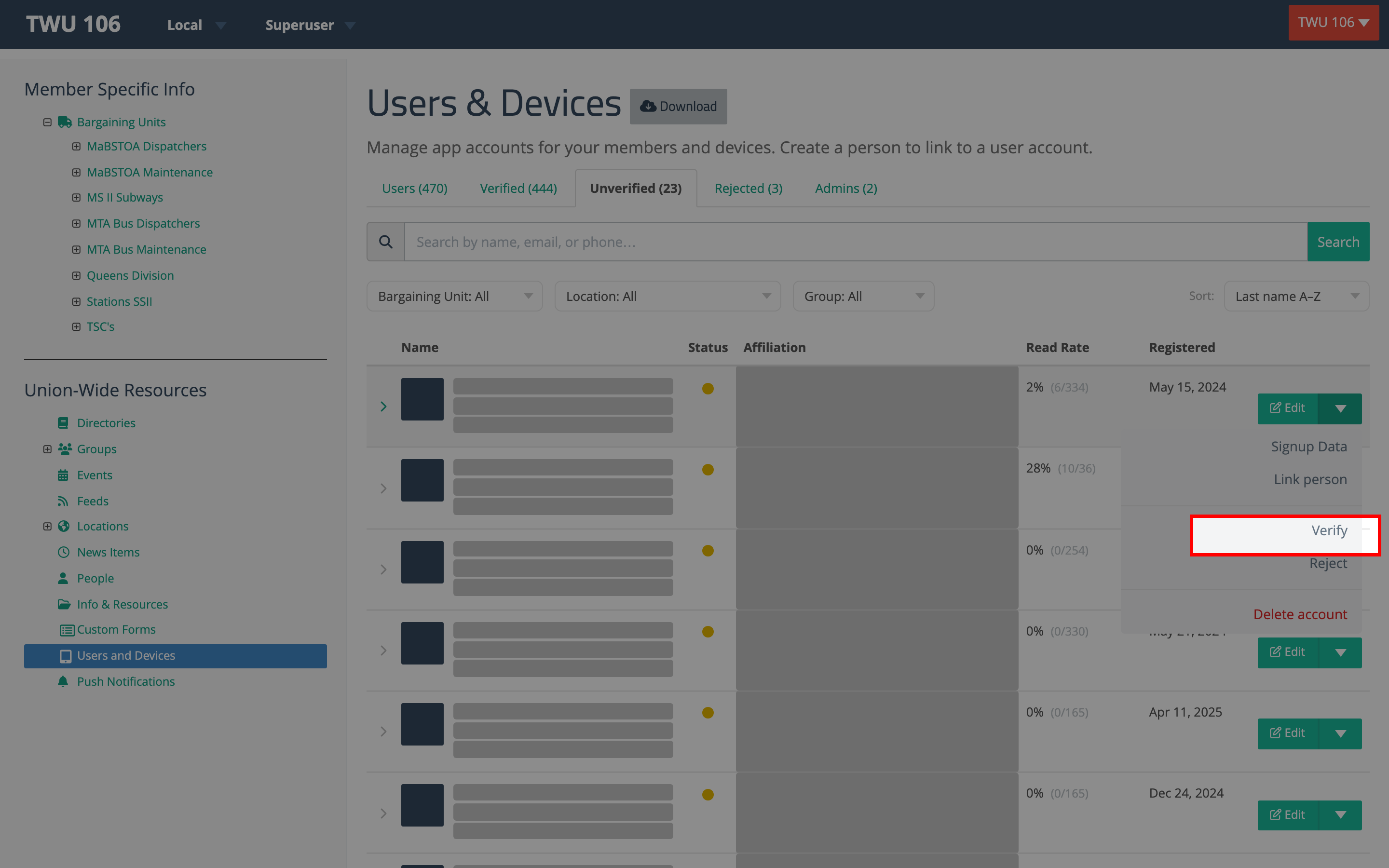 The row's action menu with Verify highlighted