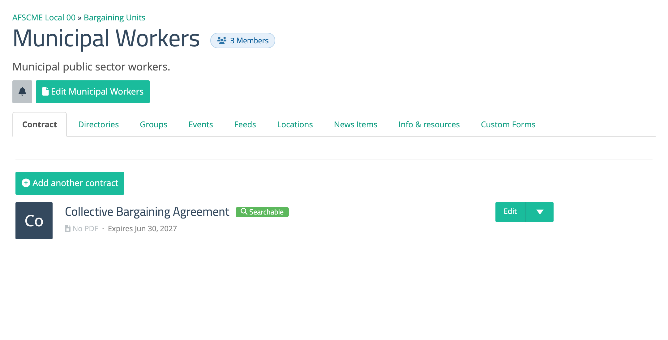 The Contract tab for a bargaining unit, listing its contracts