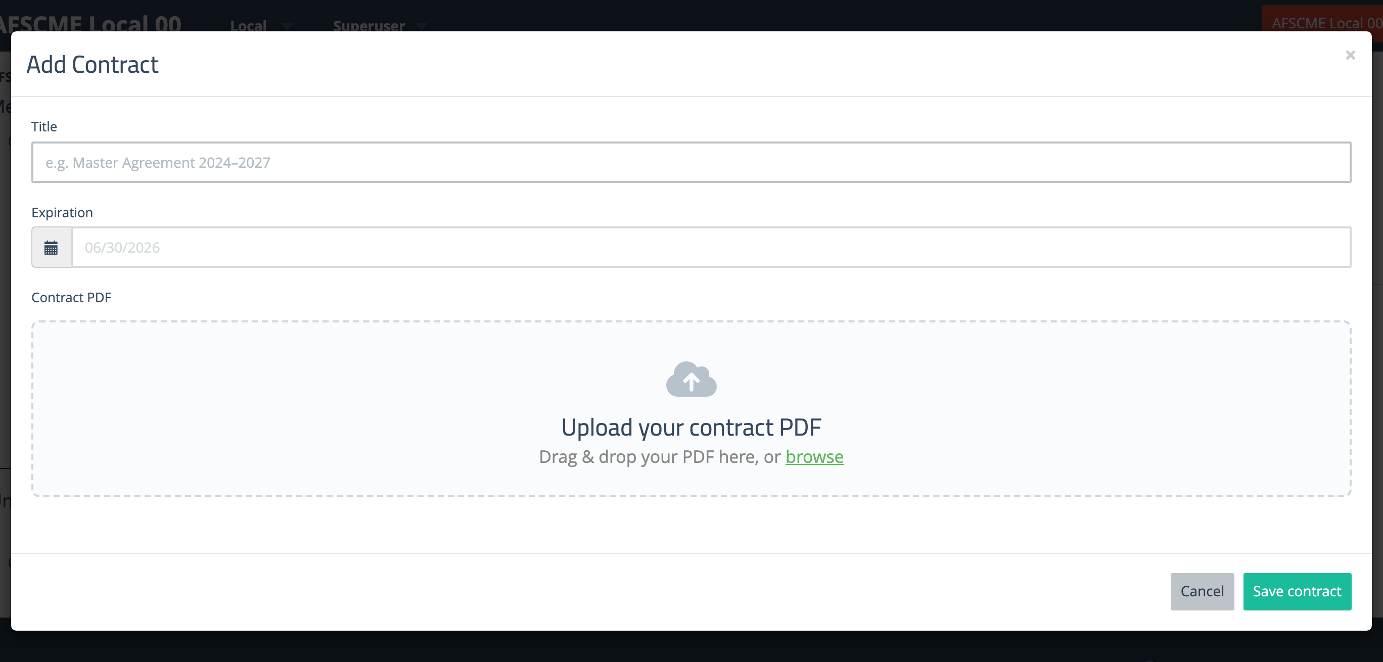 The Add Contract window with title, expiration, and a PDF upload area