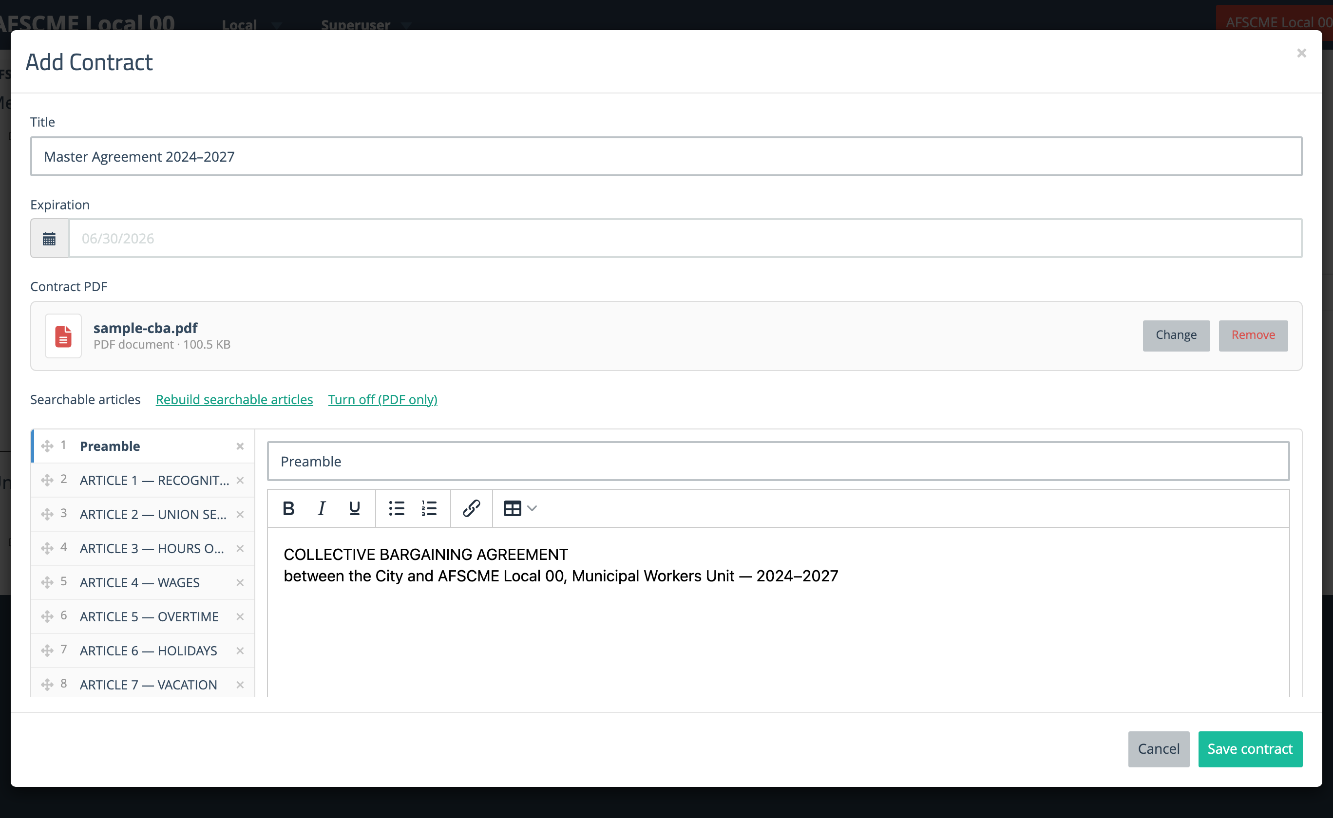 The article editor after a contract PDF has been split into searchable articles
