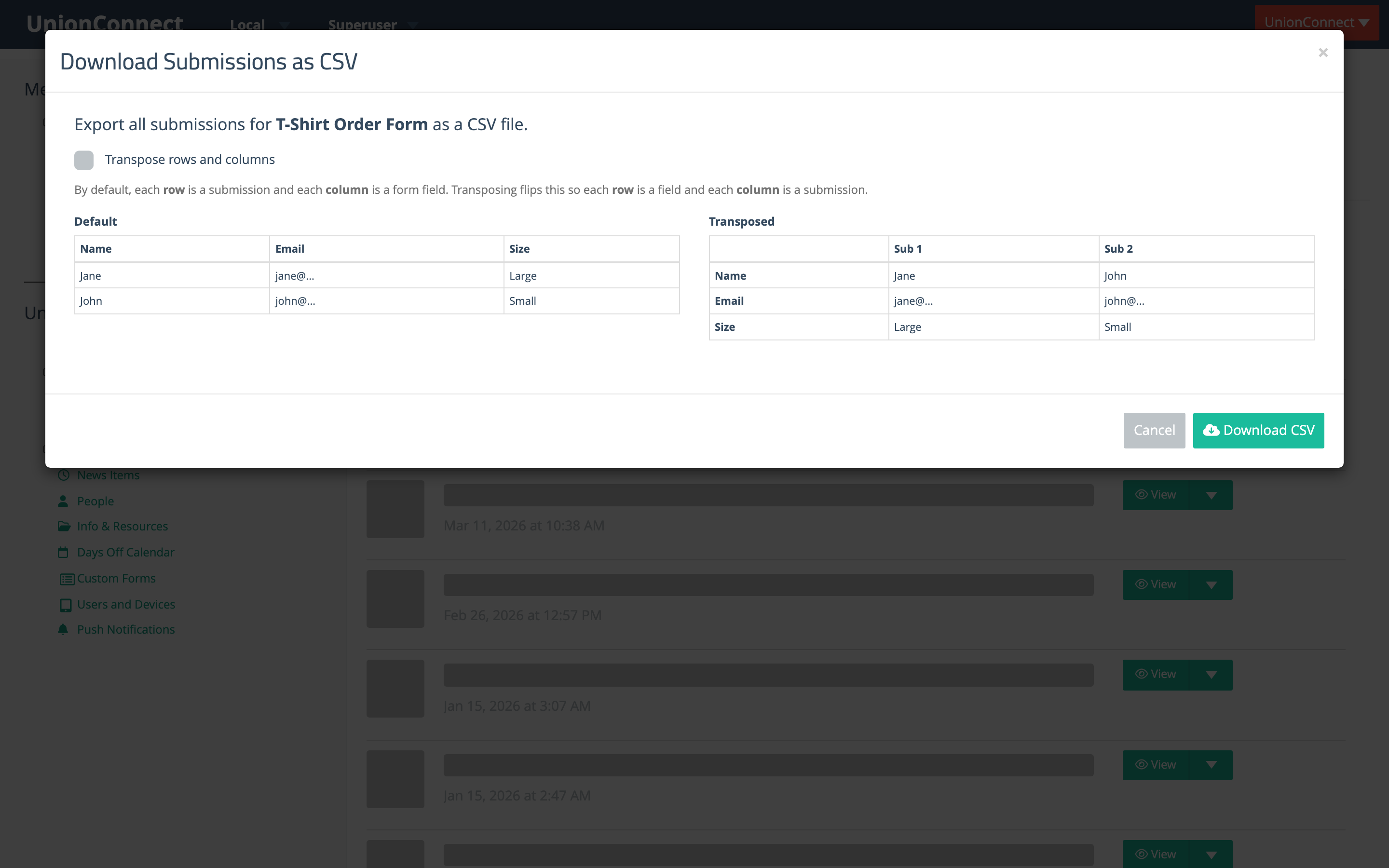 Download Submissions as CSV dialog with the Transpose rows and columns option and Default vs Transposed previews