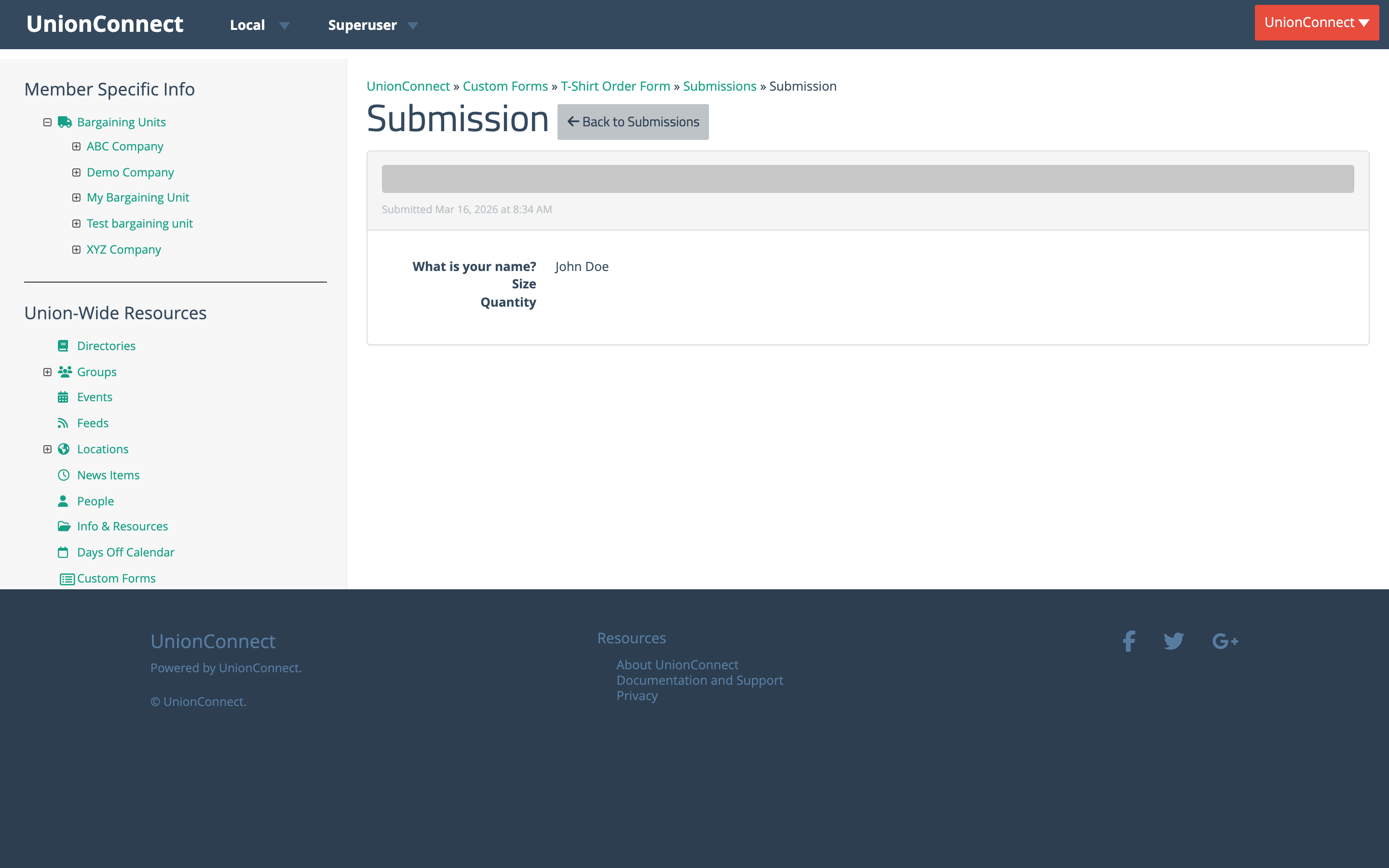 Individual submission detail page showing each form question and the member’s answer