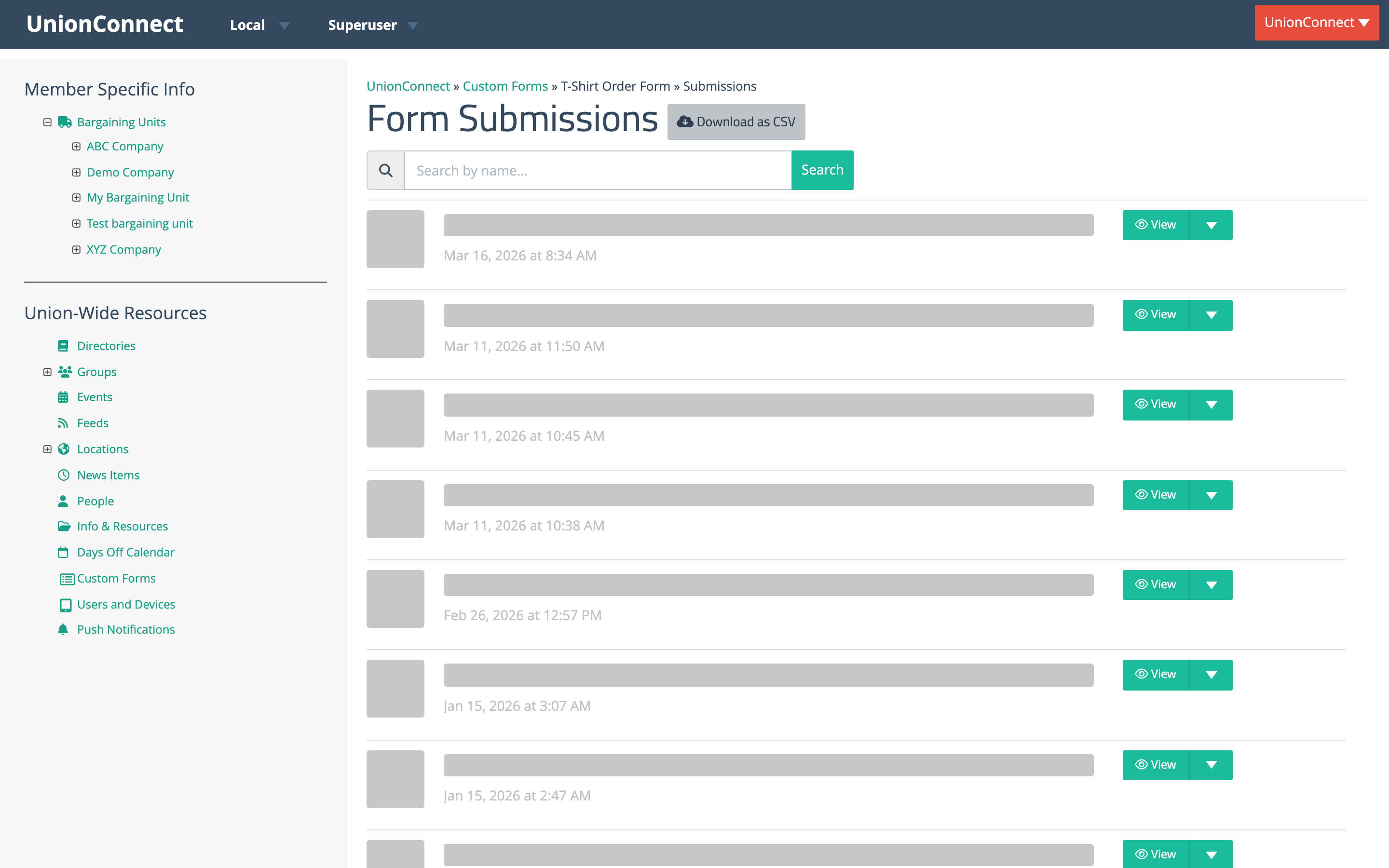 Form Submissions page listing entries with a Download as CSV button, search box, and View buttons