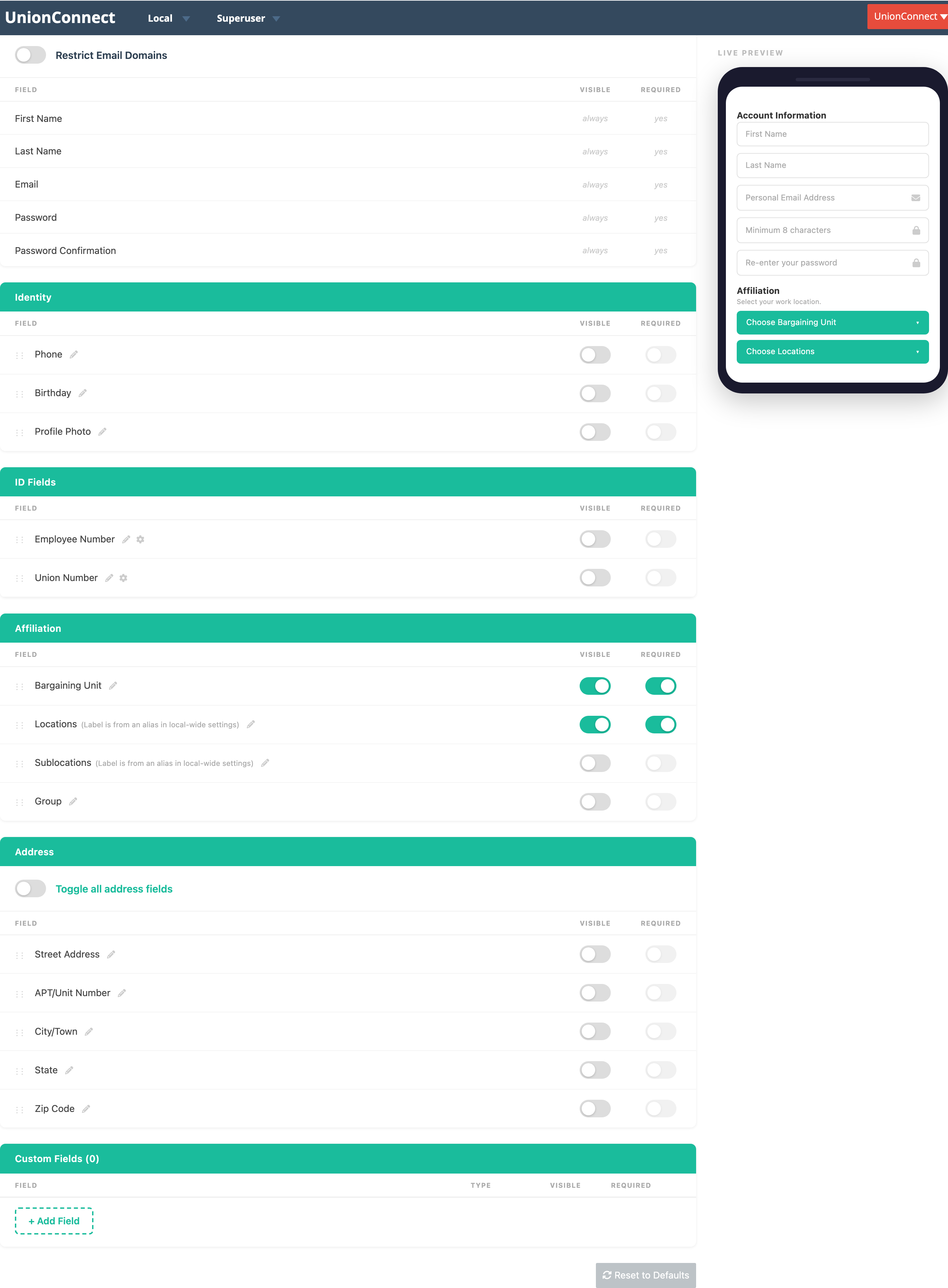 The Registration Form builder, with field sections on the left and a live phone preview on the right