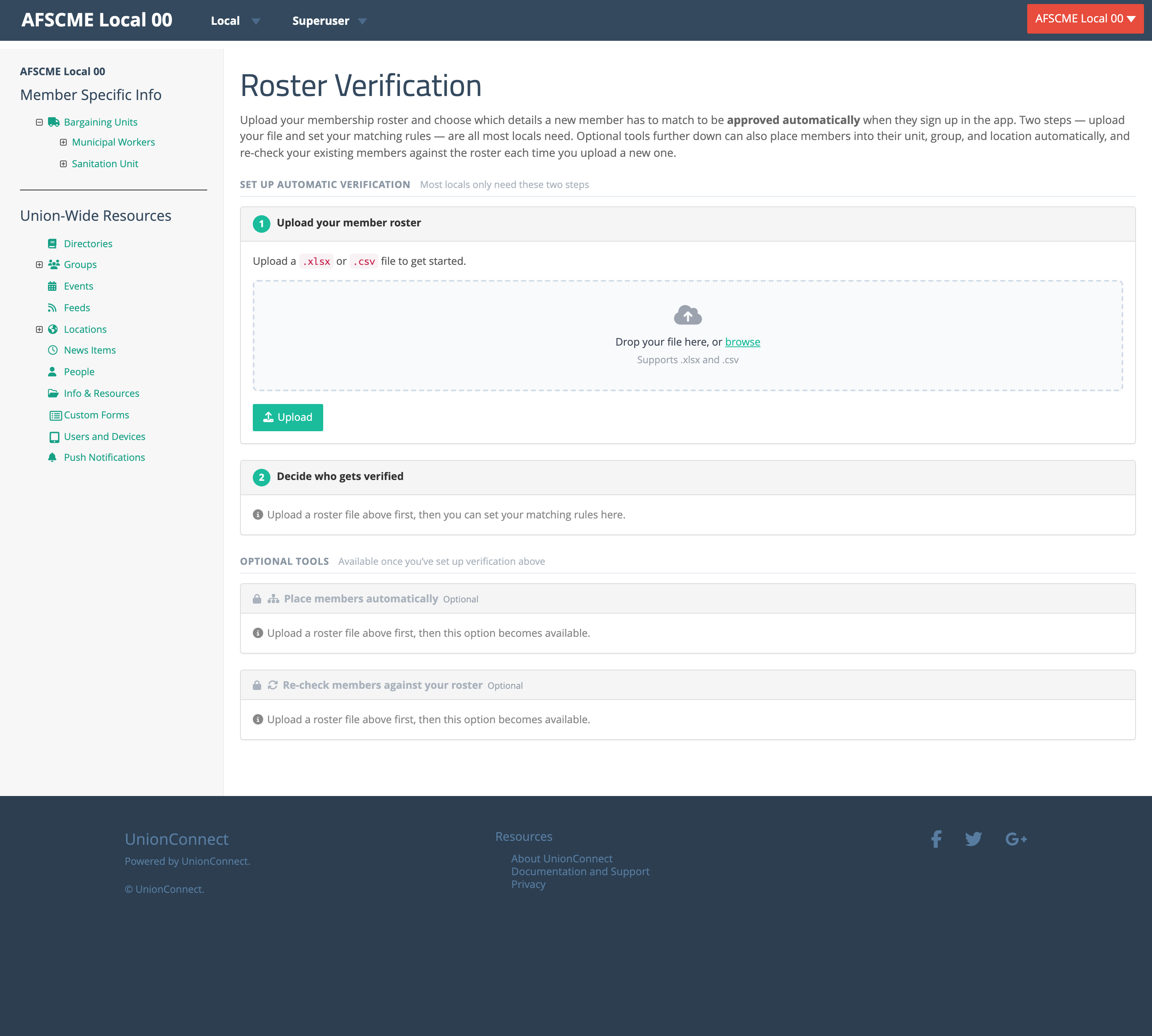 The empty Roster Verification hub before any file is uploaded