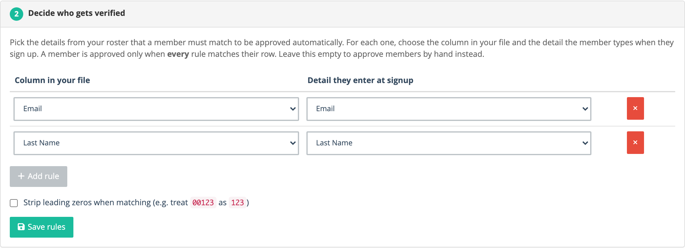 Two matching rules: Email maps to Email, and Last Name maps to Last Name