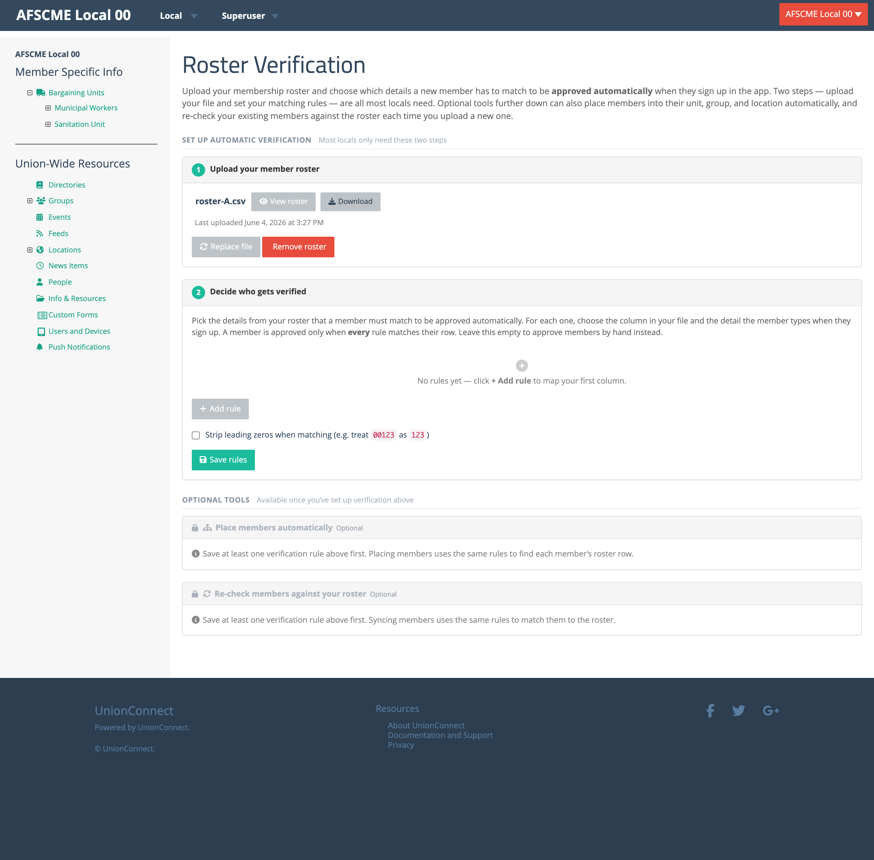 The hub after a roster file is uploaded, with the verification-rules step unlocked