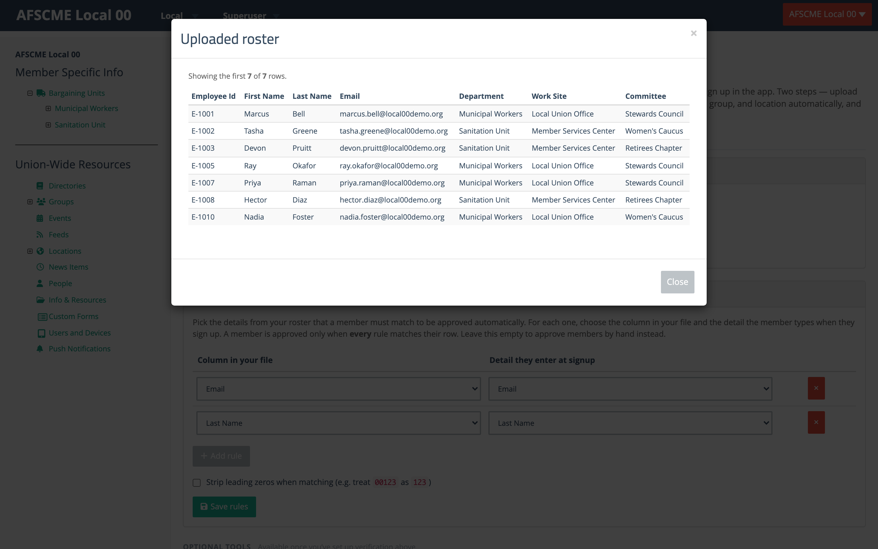 The uploaded-roster preview showing the file's columns and rows