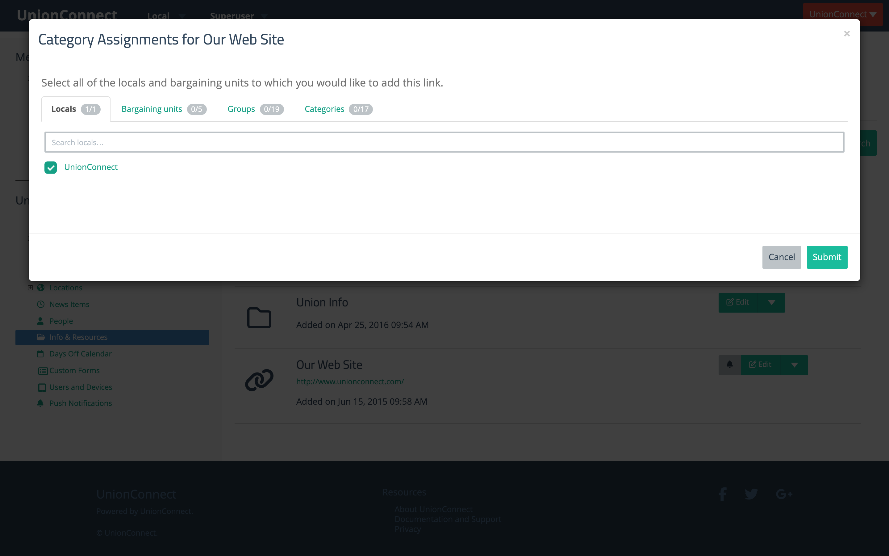 Manage associations window with Locals, Bargaining units, Groups, and Categories tabs, each showing a selected-of-total count badge, plus a search box
