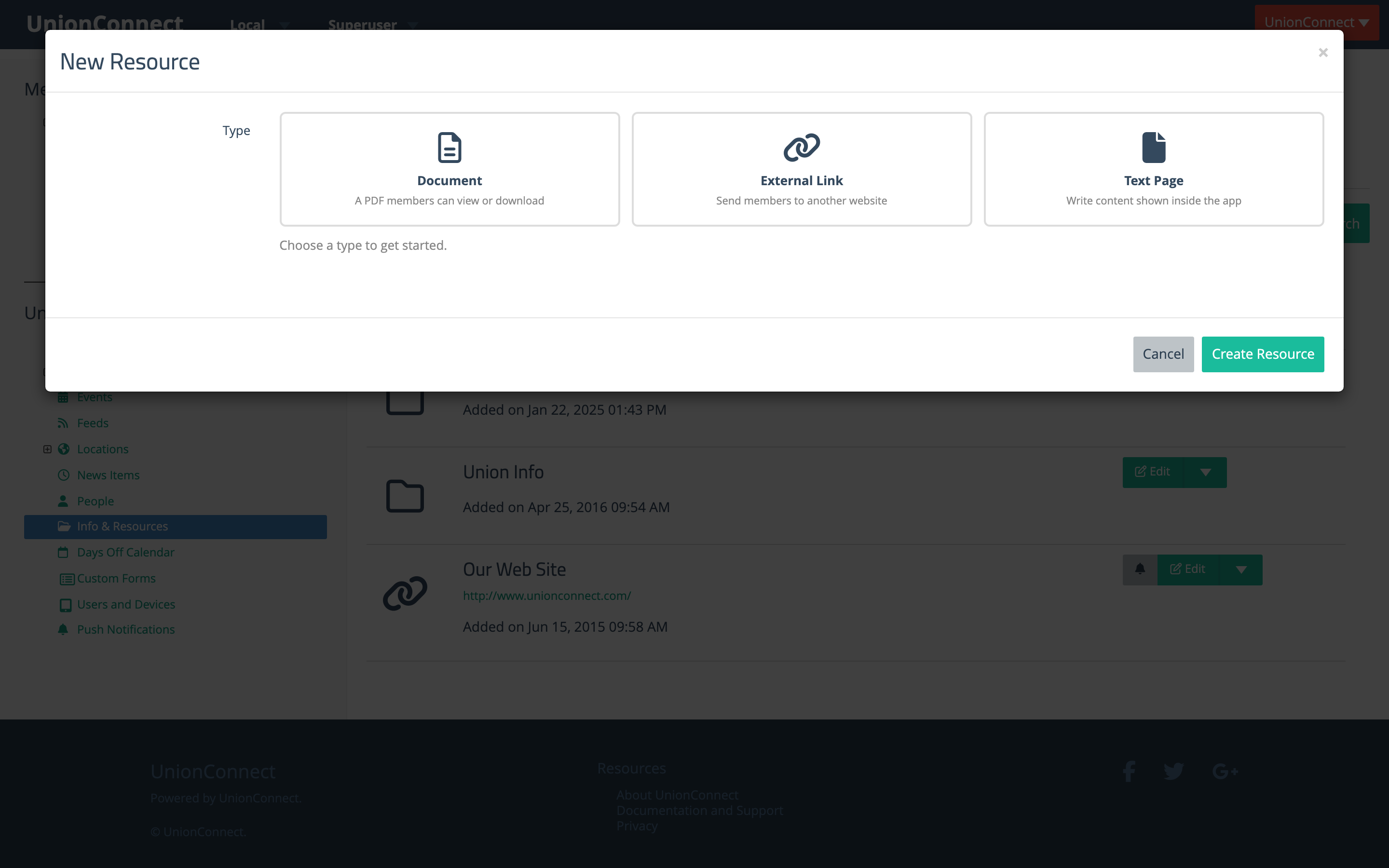 New Resource window showing three type cards: Document, External Link, and Text Page