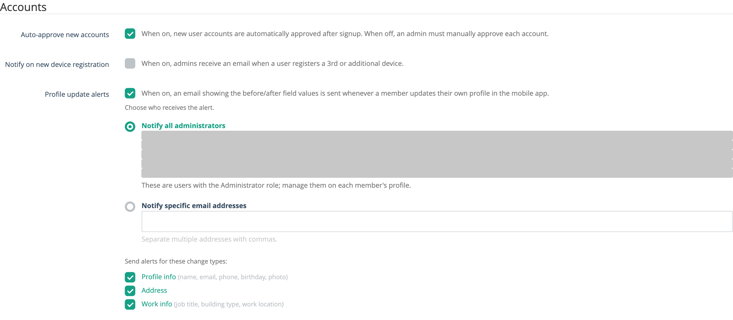 Profile update alerts turned on, showing the recipient chooser and the Profile info, Address, and Work info change-type checkboxes
