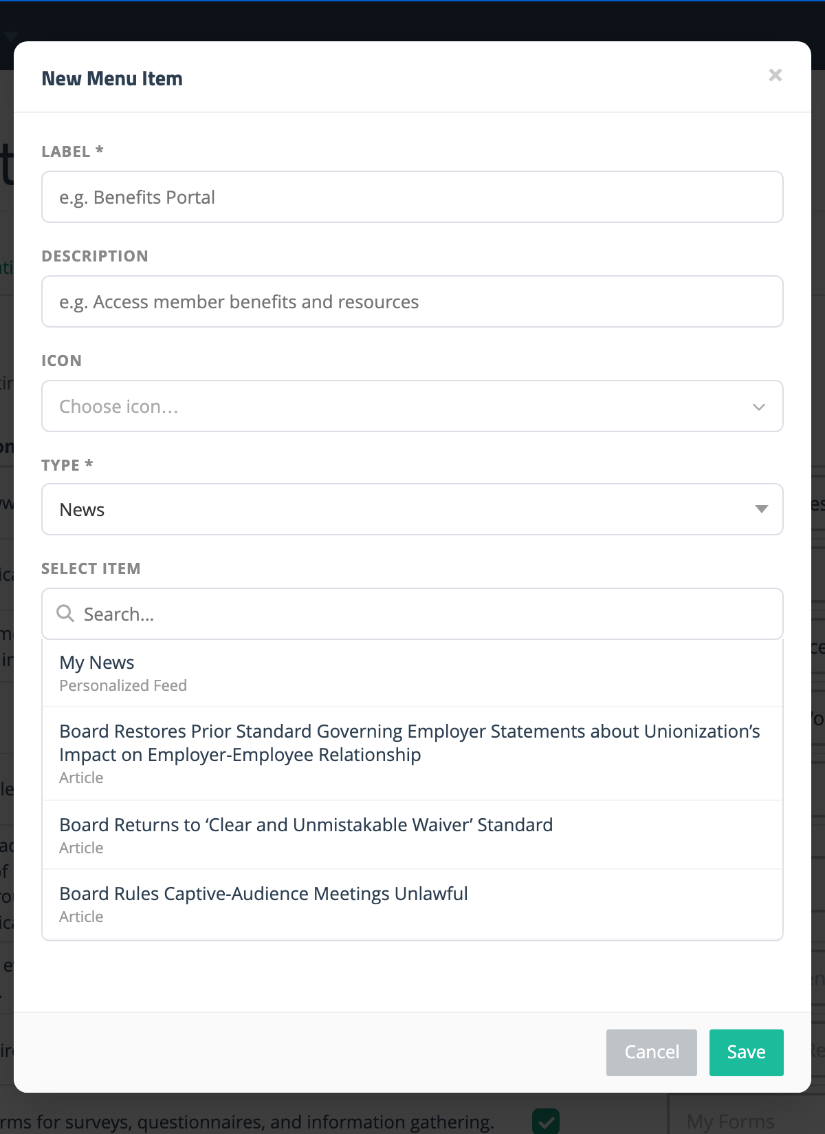 New Menu Item modal with Type set to News and the My News Personalized Feed option pinned at the top of the Select Item list