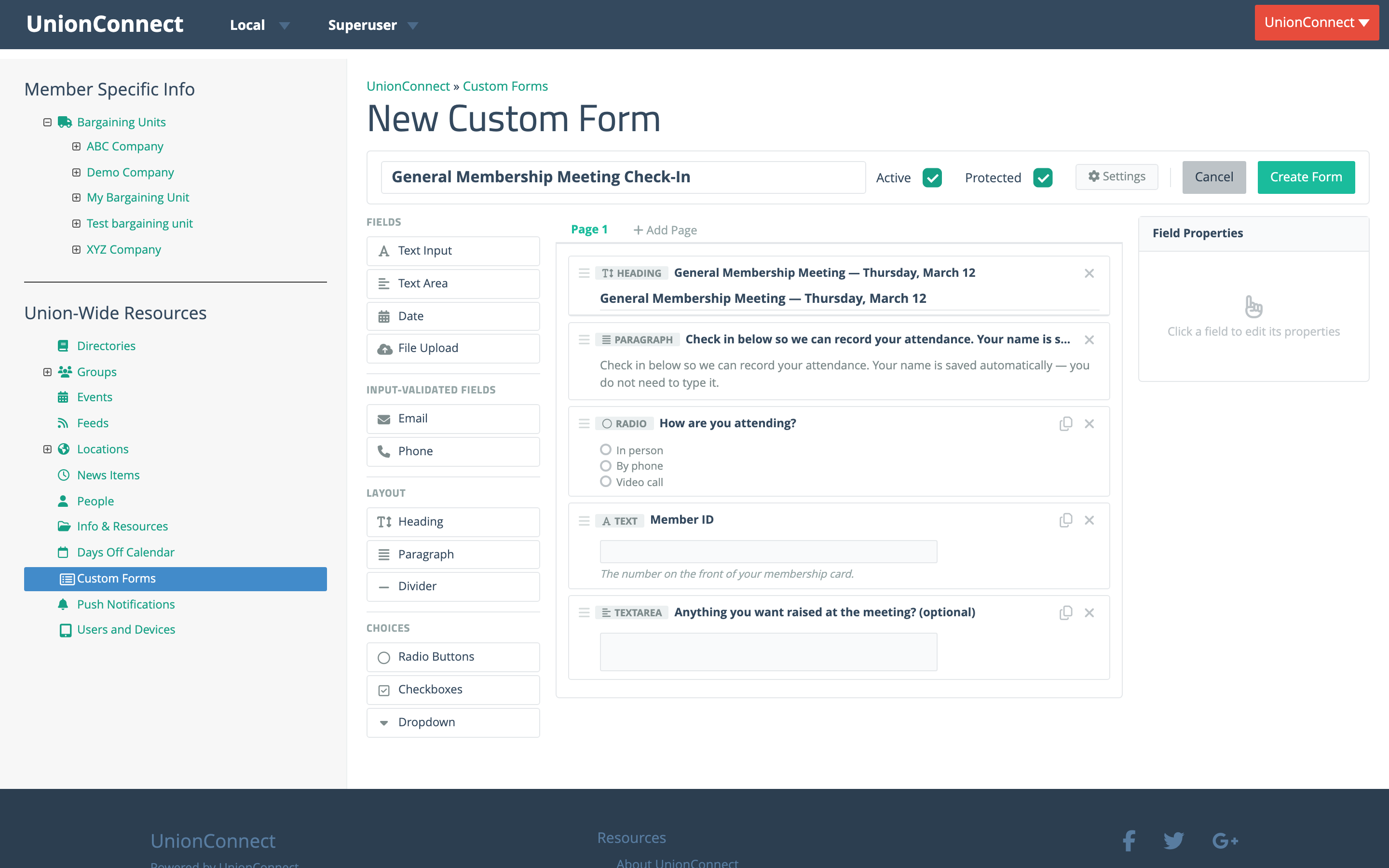 The form builder with a check-in form containing a heading, a paragraph of instructions, a radio question, a Member ID field, and an optional text area