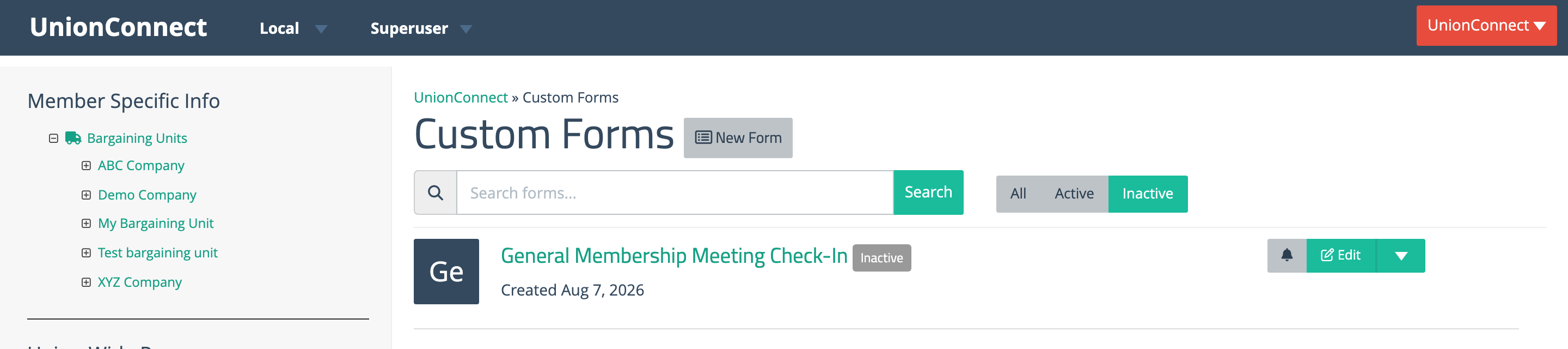 The Custom Forms list filtered to Inactive, showing the check-in form with a grey Inactive badge