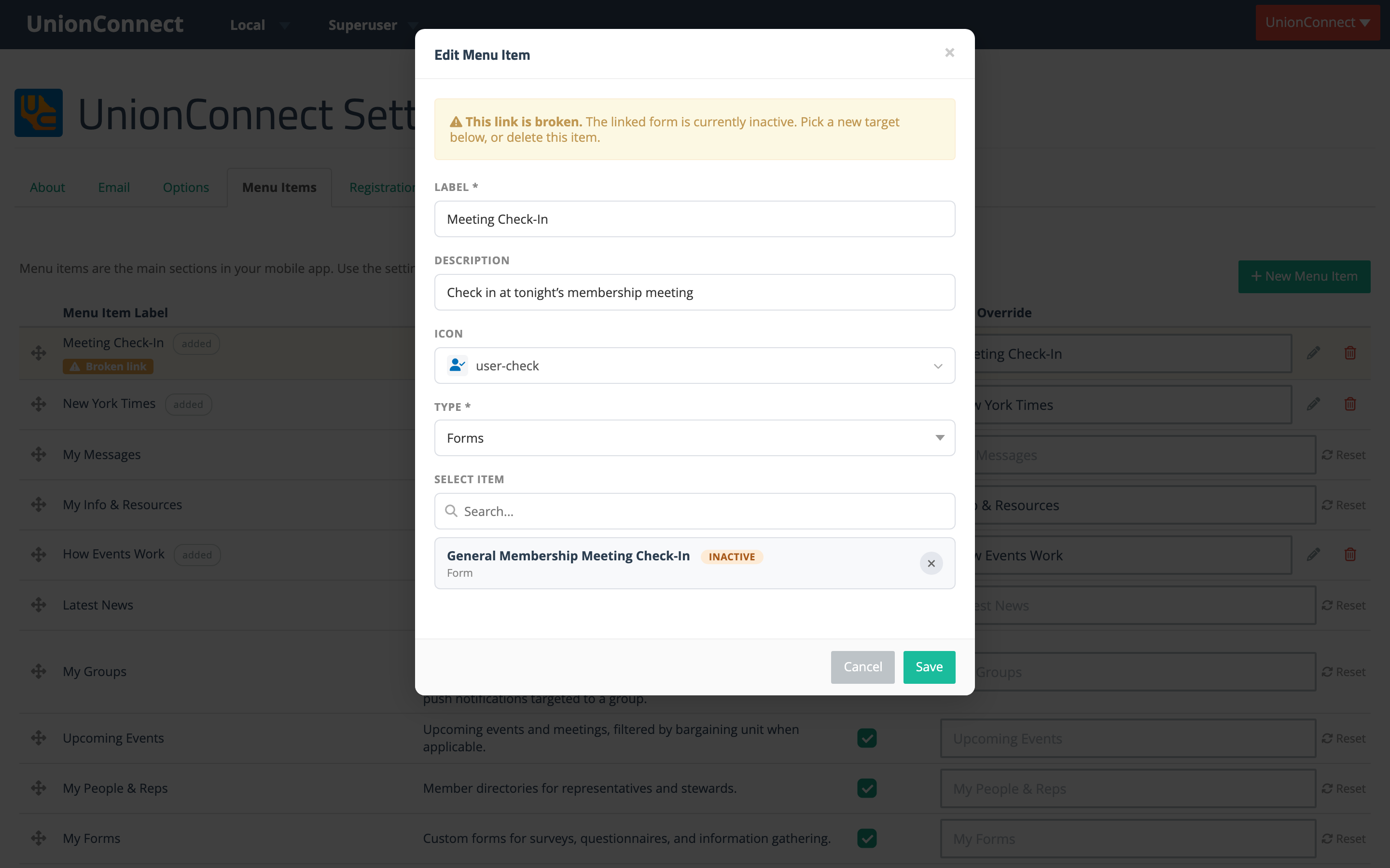 The Edit Menu Item dialog warning that the link is broken because the linked form is currently inactive