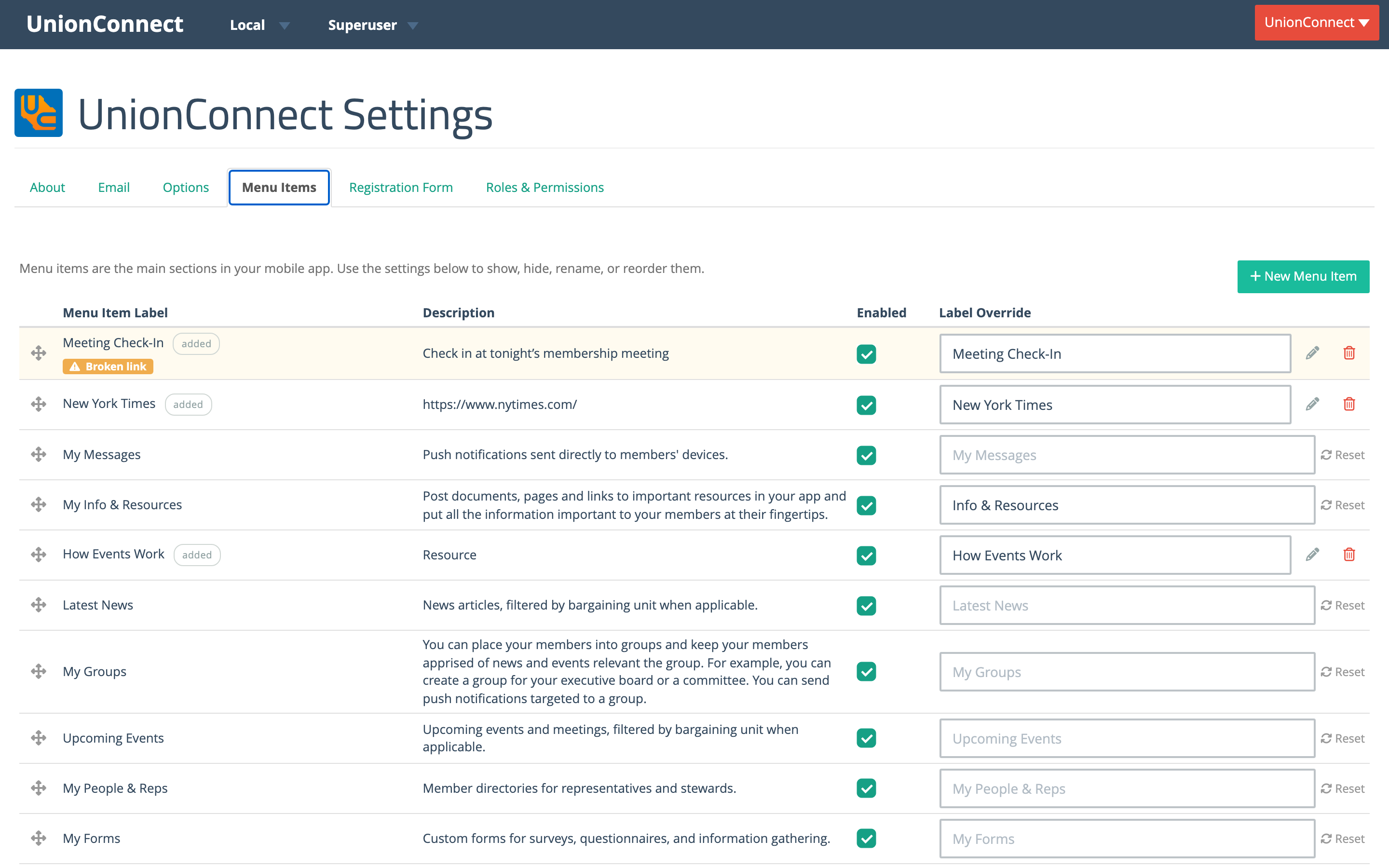 The Menu Items tab with the Meeting Check-In row highlighted in amber and tagged Broken link