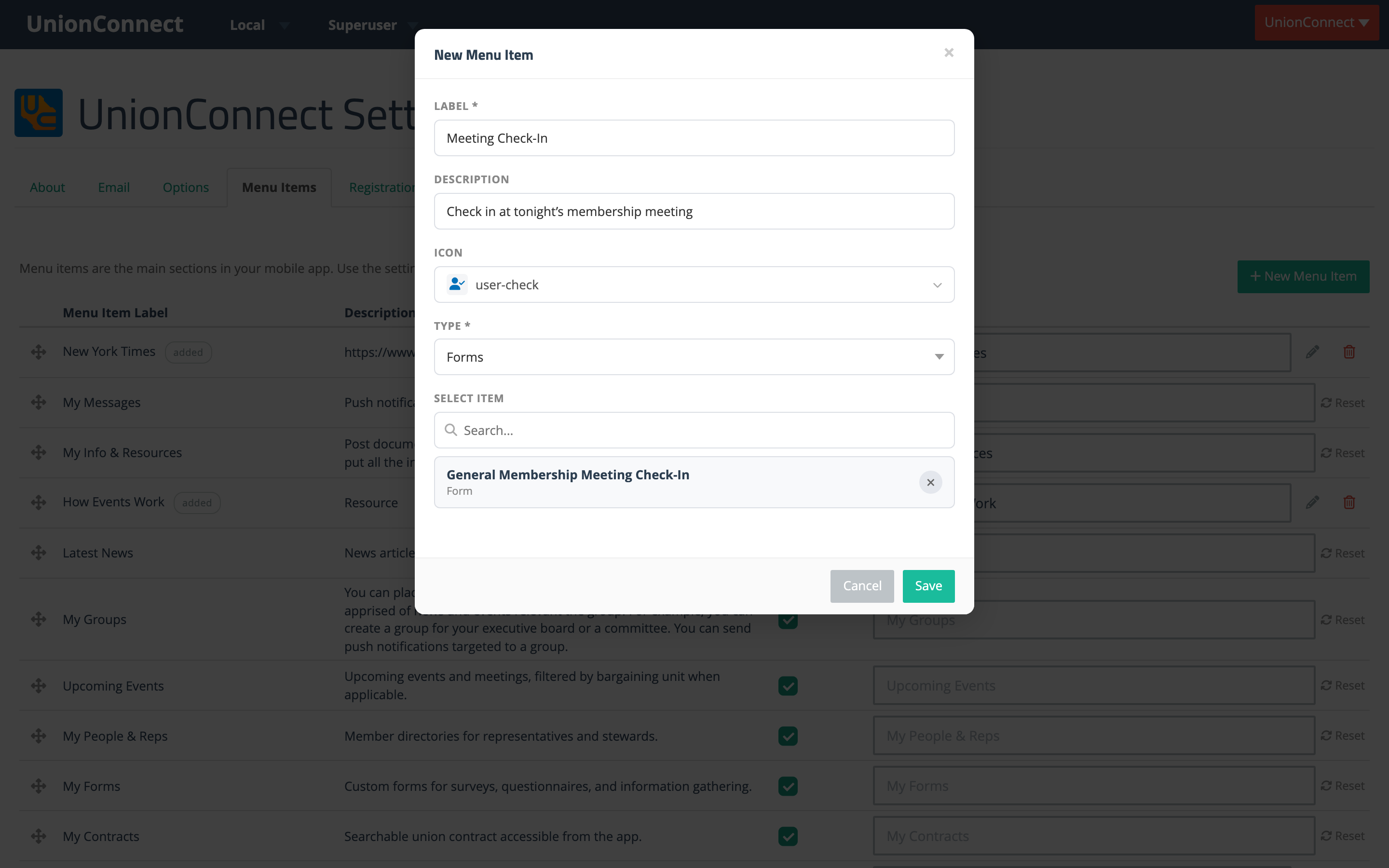 The New Menu Item dialog with Type set to Forms and the General Membership Meeting Check-In form selected