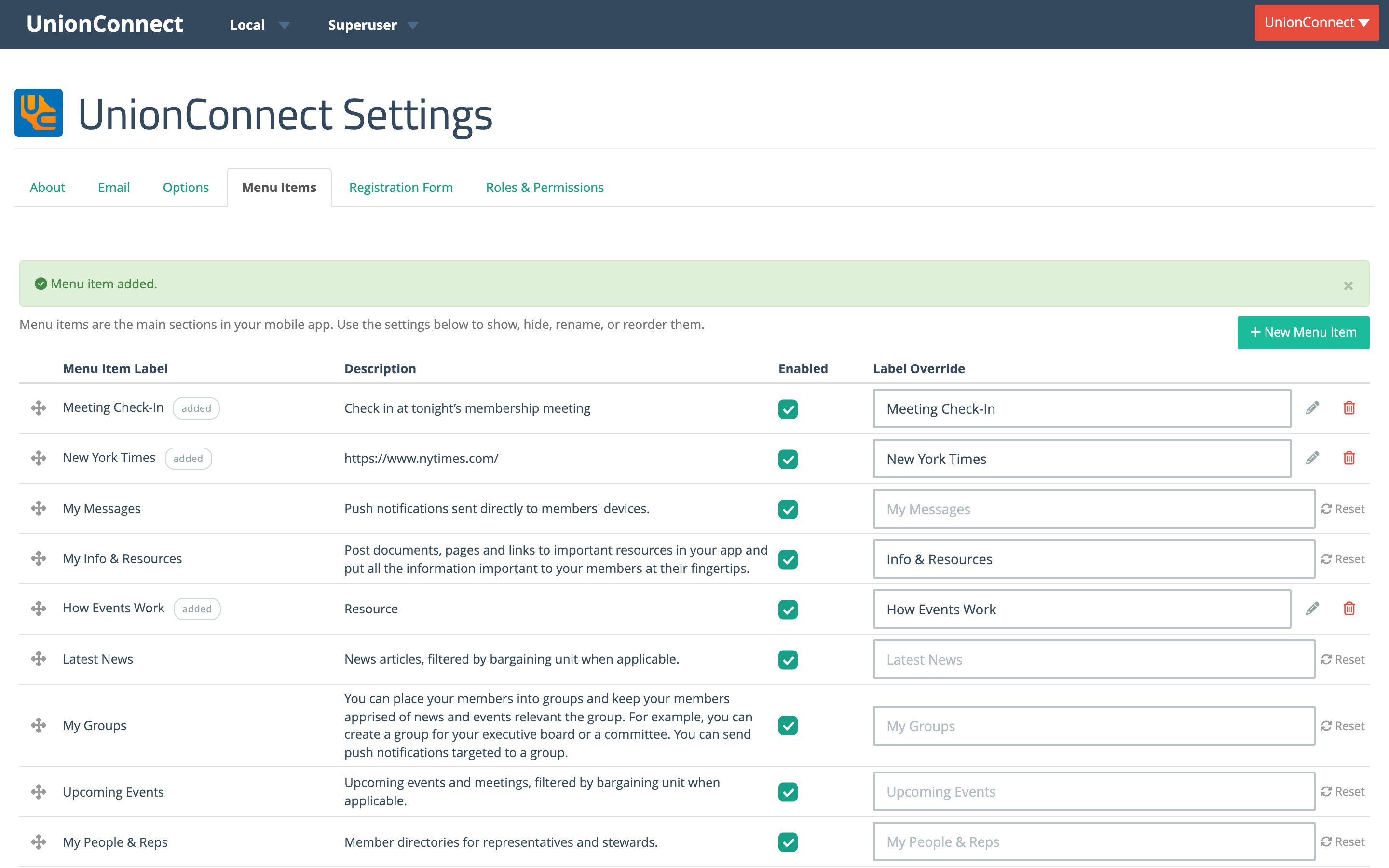 The Menu Items tab with the new Meeting Check-In row at the top, enabled