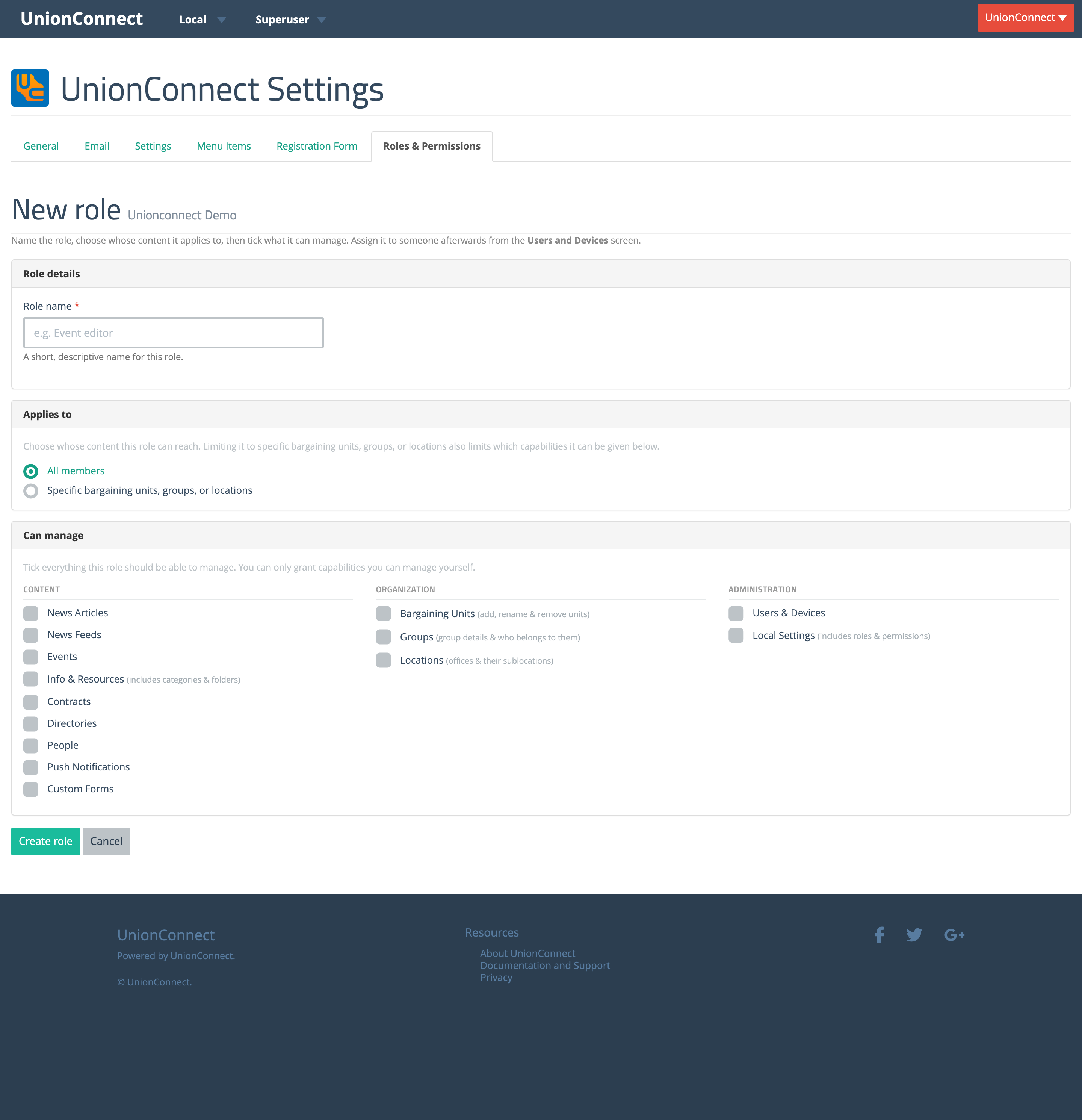 New role editor with the Role details, Applies to, and Can manage panels