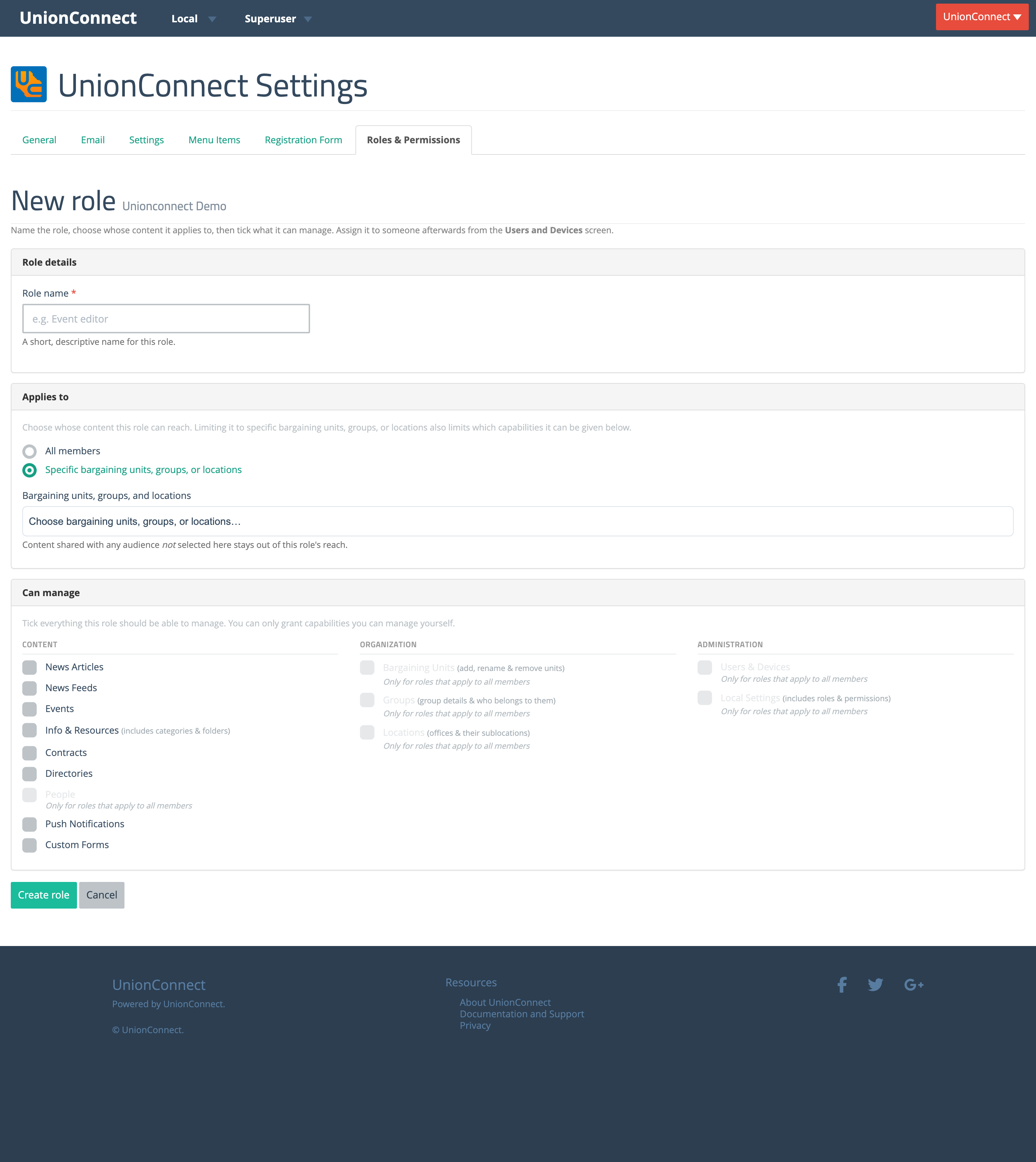 Role editor set to specific audiences, with the audience picker shown and union-wide-only capabilities greyed out