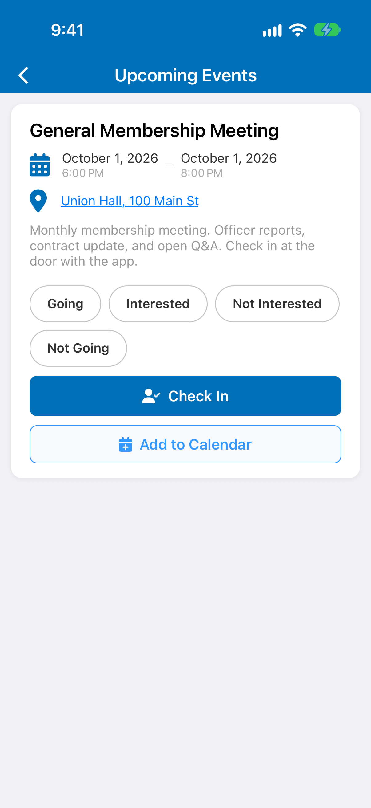 The event in the member app, with a blue Check In button below the RSVP options.