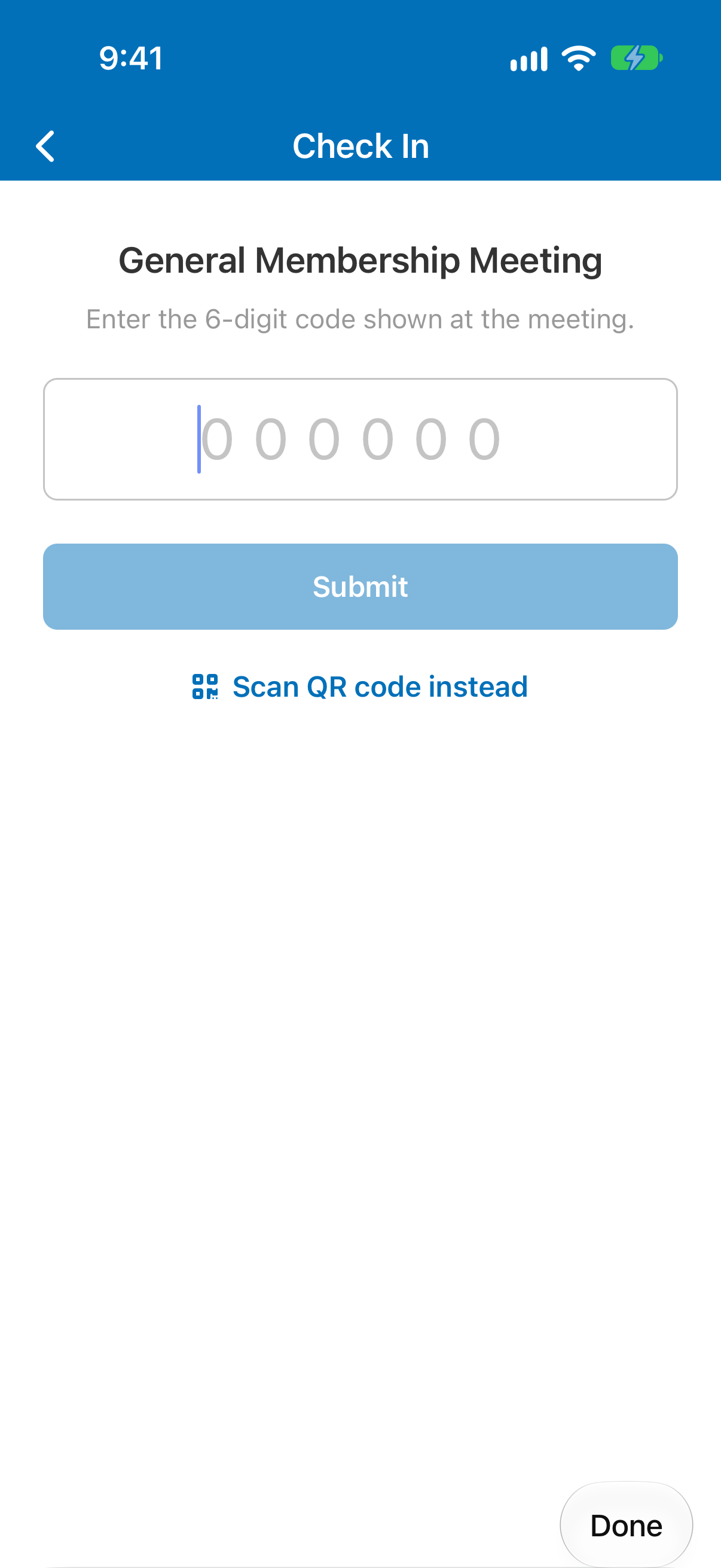 The check-in code screen in the member app, with an empty six-digit field and a Scan QR code instead link.