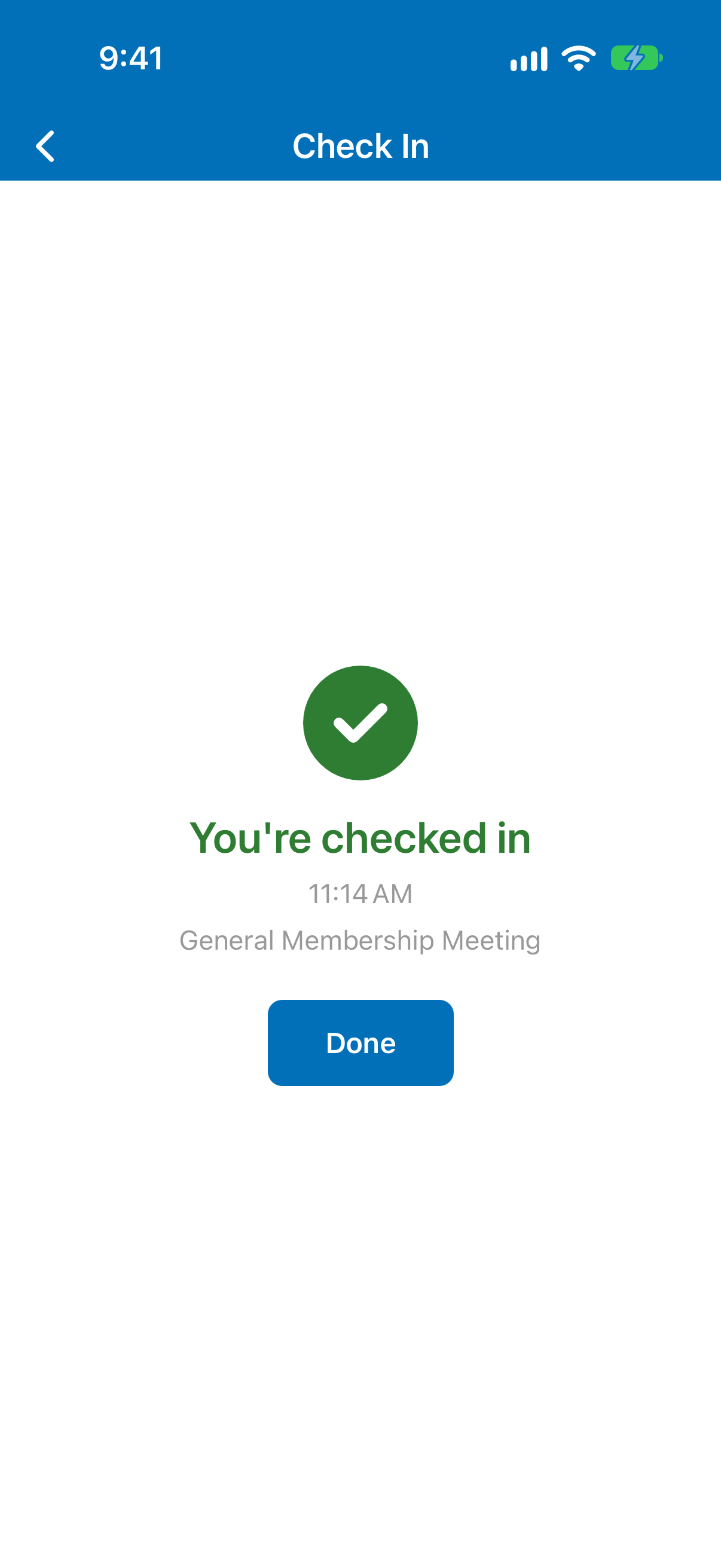 Confirmation screen in the member app showing a green check mark and the words You are checked in with the time.