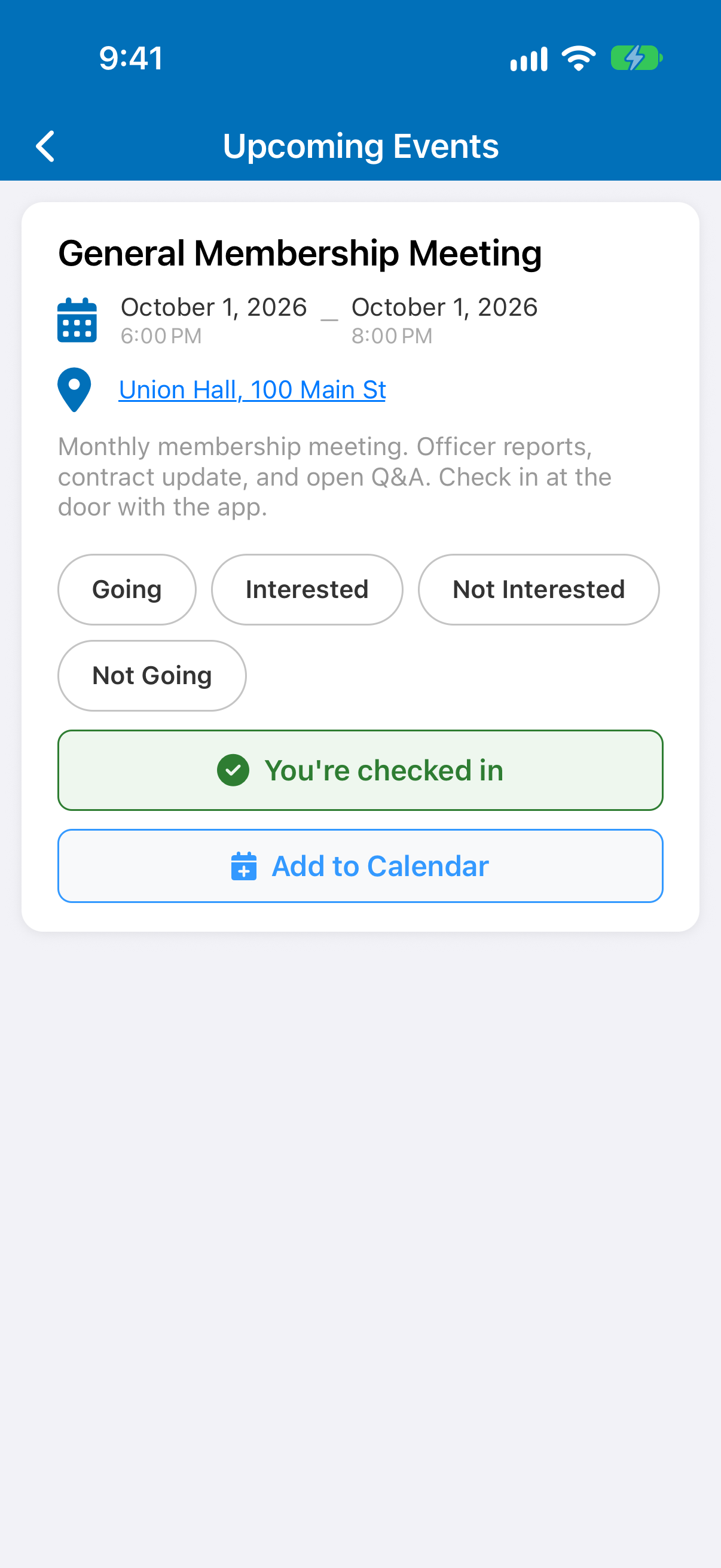The event in the member app after checking in, with the Check In button replaced by a green You are checked in panel.