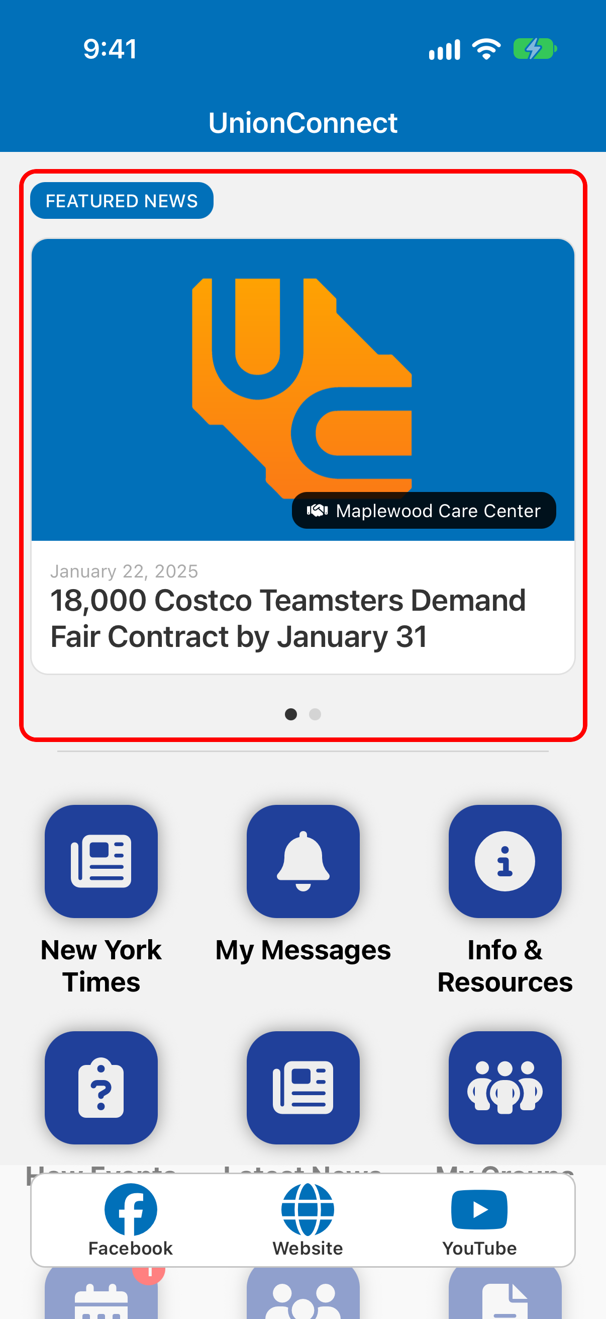 App home screen with the Featured News section highlighted above the menu tiles