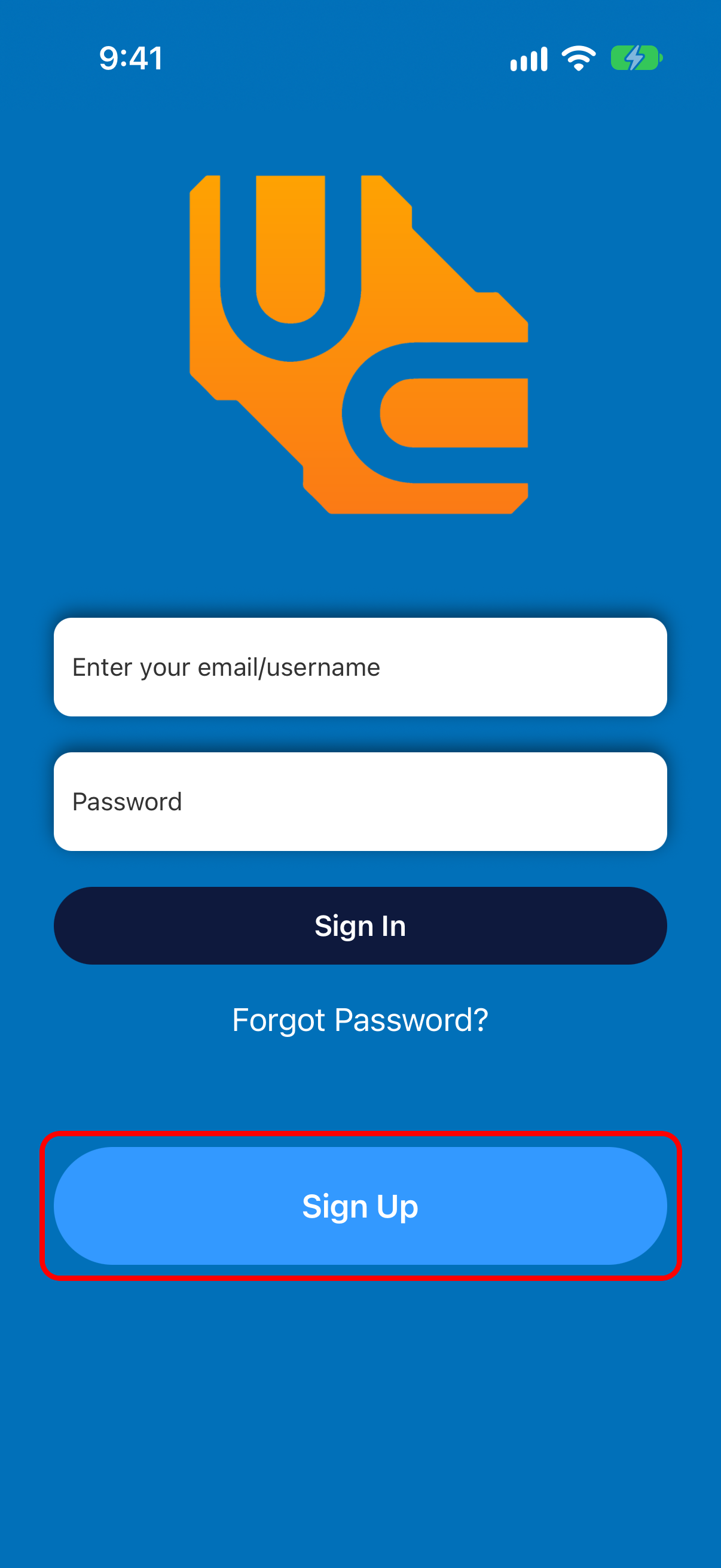 App login screen with the Sign Up button highlighted