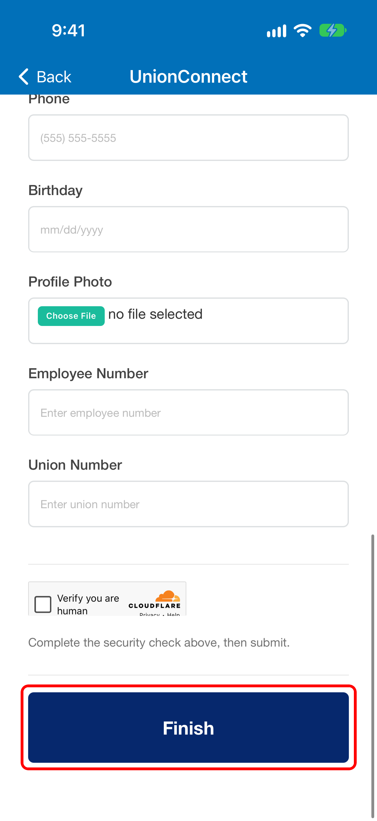 Bottom of the sign-up form with the Finish button highlighted