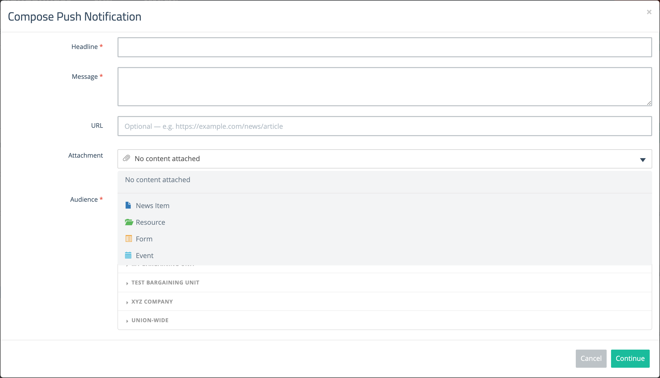 Compose Push Notification modal with the Attachment dropdown open, showing No content attached, News Item, Resource, Form, and Event