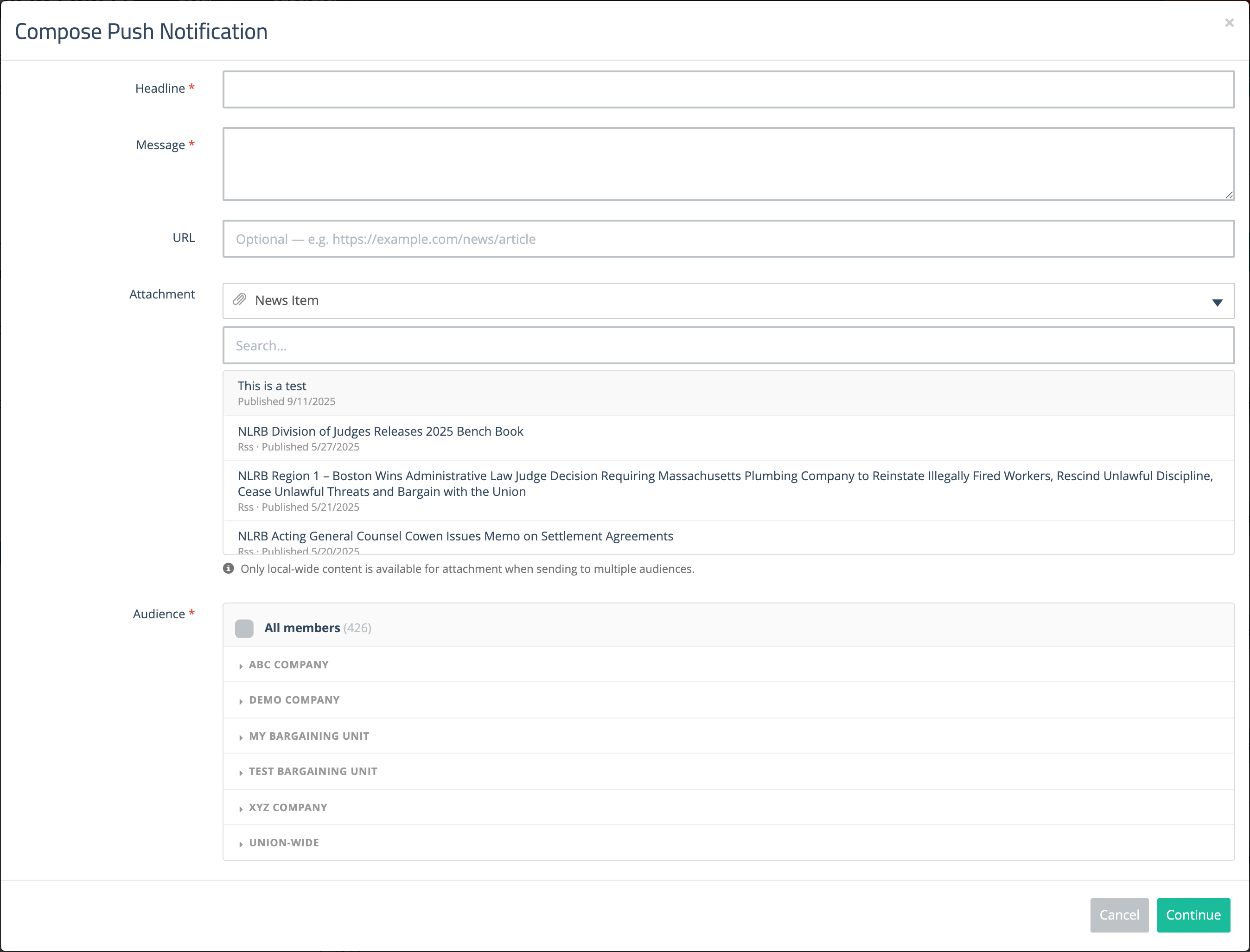 Attachment picker open on News Item, listing articles with publication dates and a Search box above them
