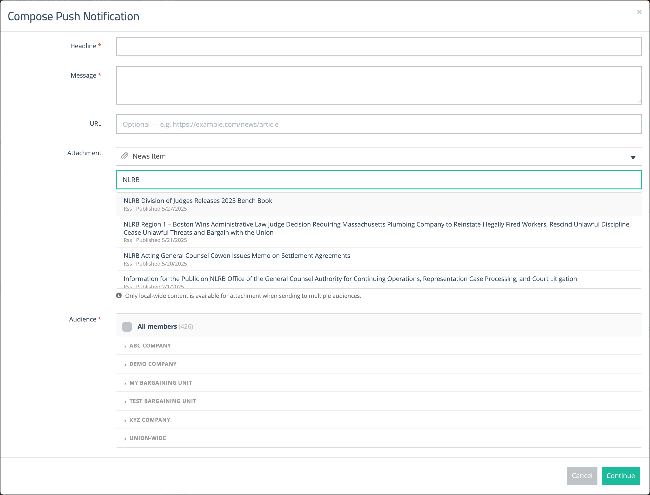 Attachment picker with a search term typed into the Search box and the list of news items narrowed to matches