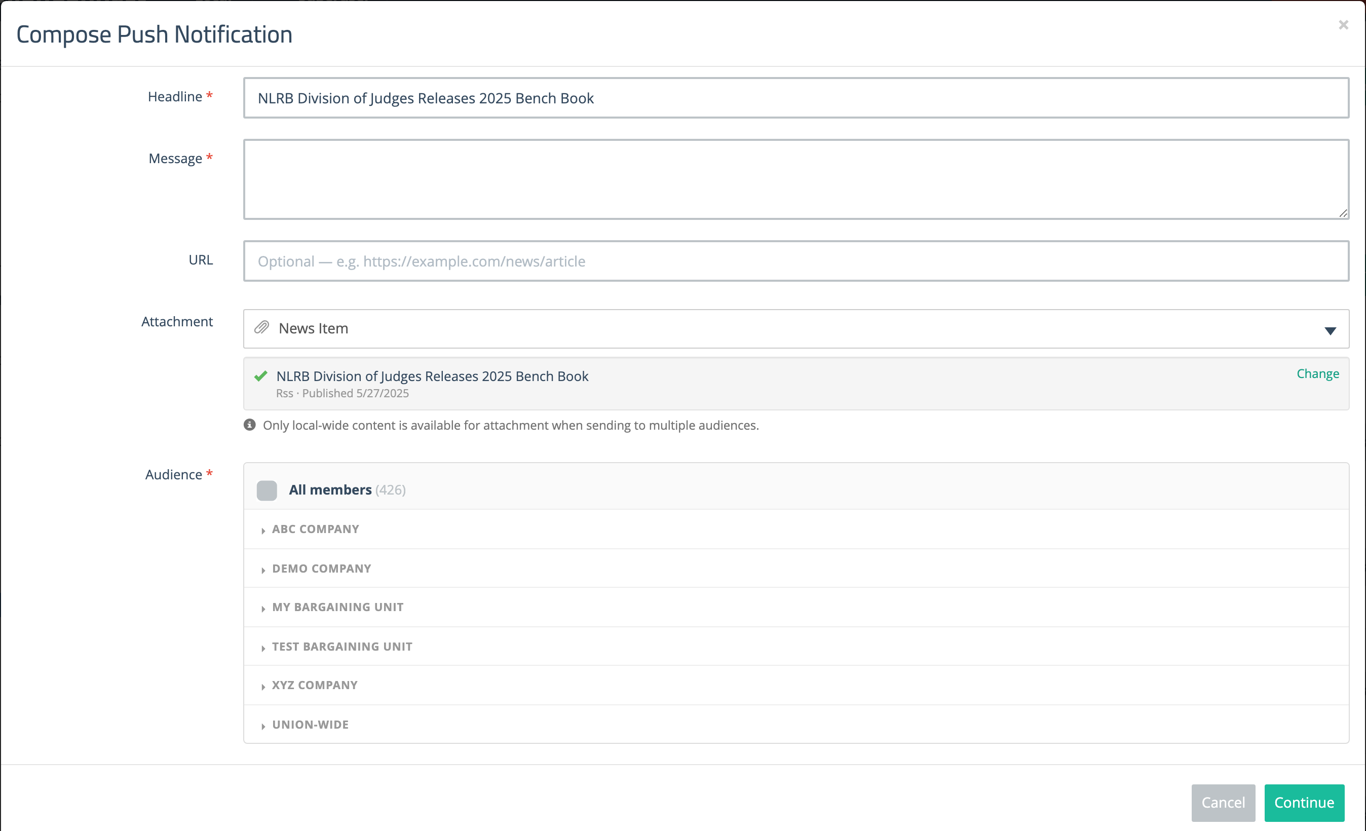 Attachment confirmed with a green check mark and a Change link, with the Headline field filled in with the attached item's title