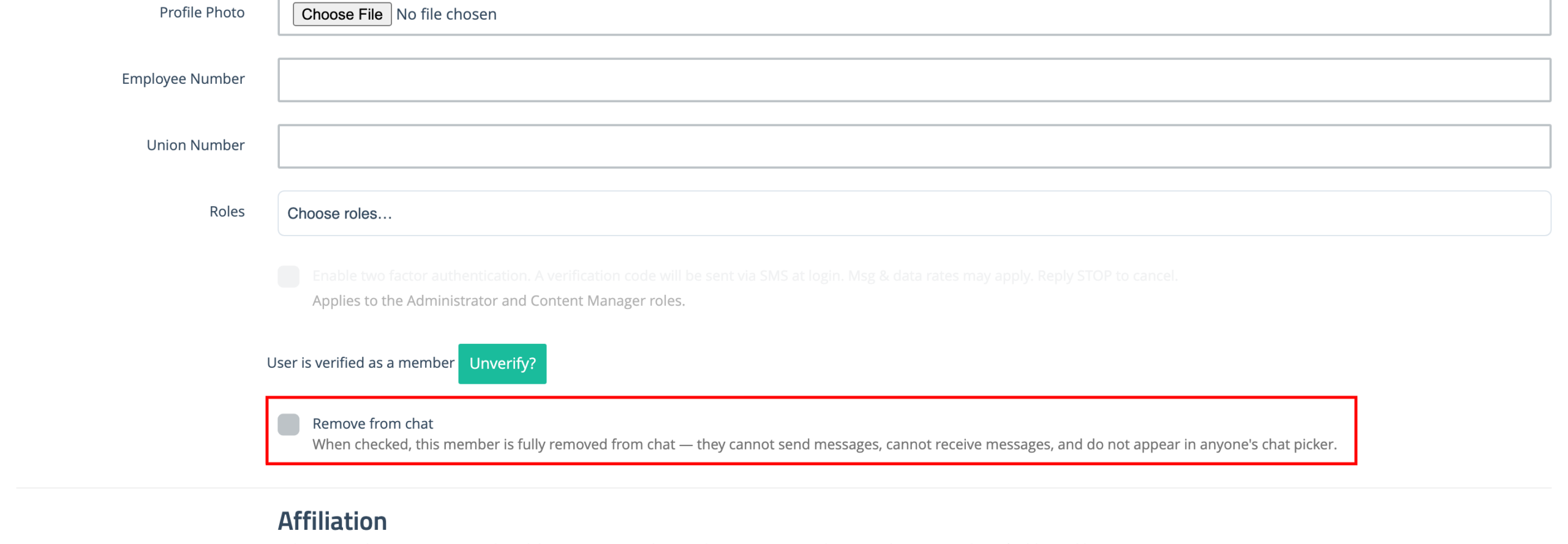Edit User form with the Remove from chat checkbox highlighted