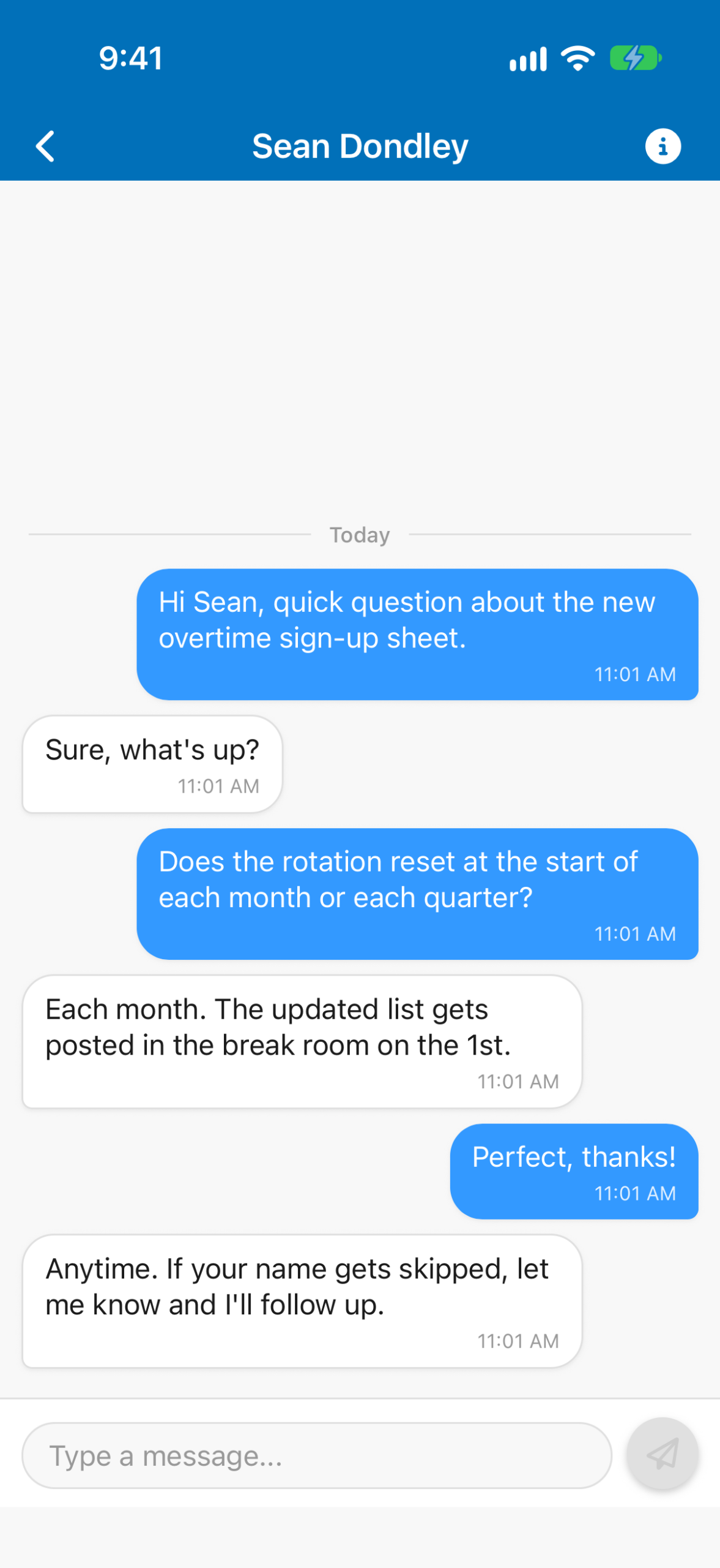 A chat conversation between a member and a steward